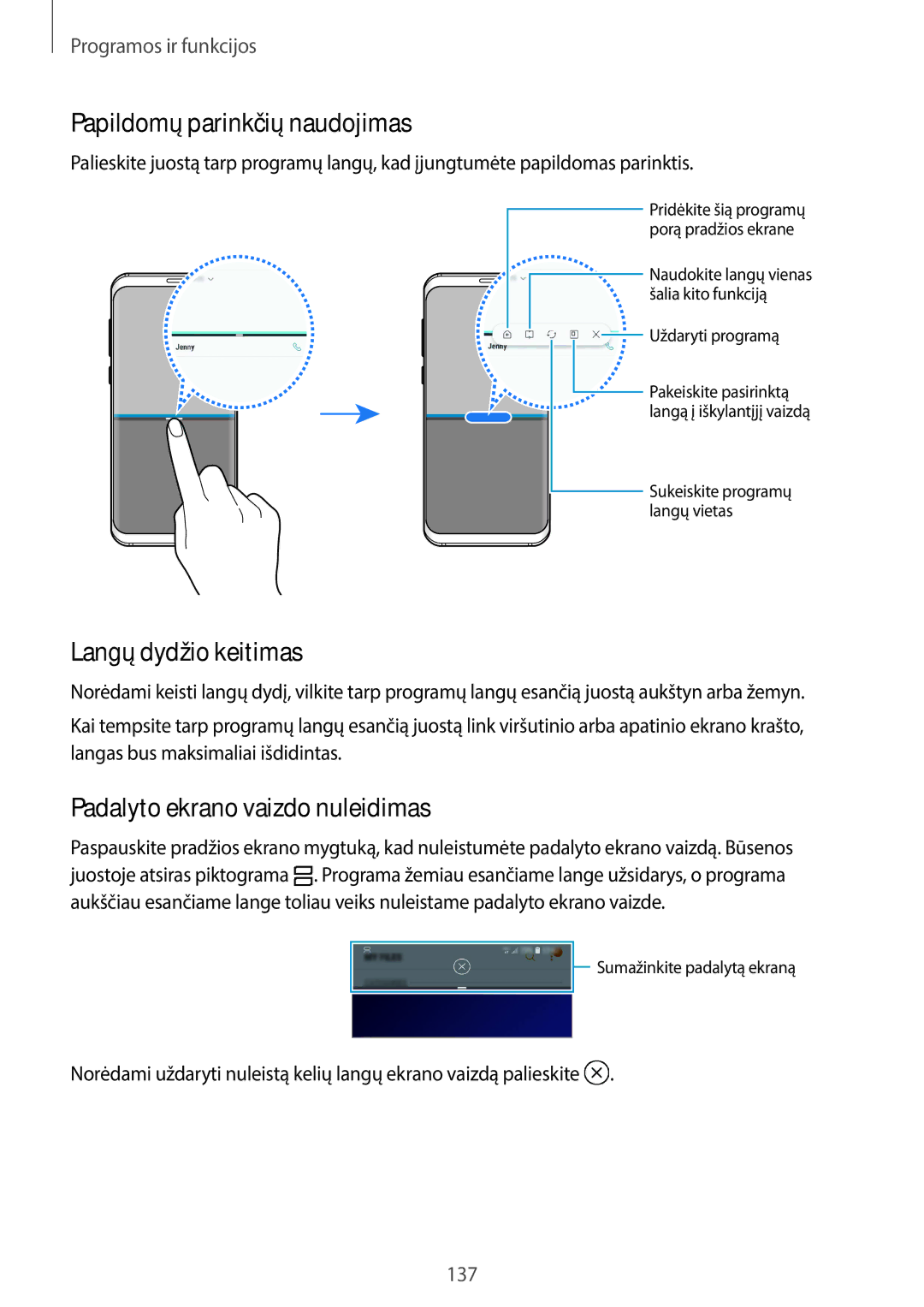 Samsung SM-G960FZPDSEB manual Papildomų parinkčių naudojimas, Langų dydžio keitimas, Padalyto ekrano vaizdo nuleidimas 