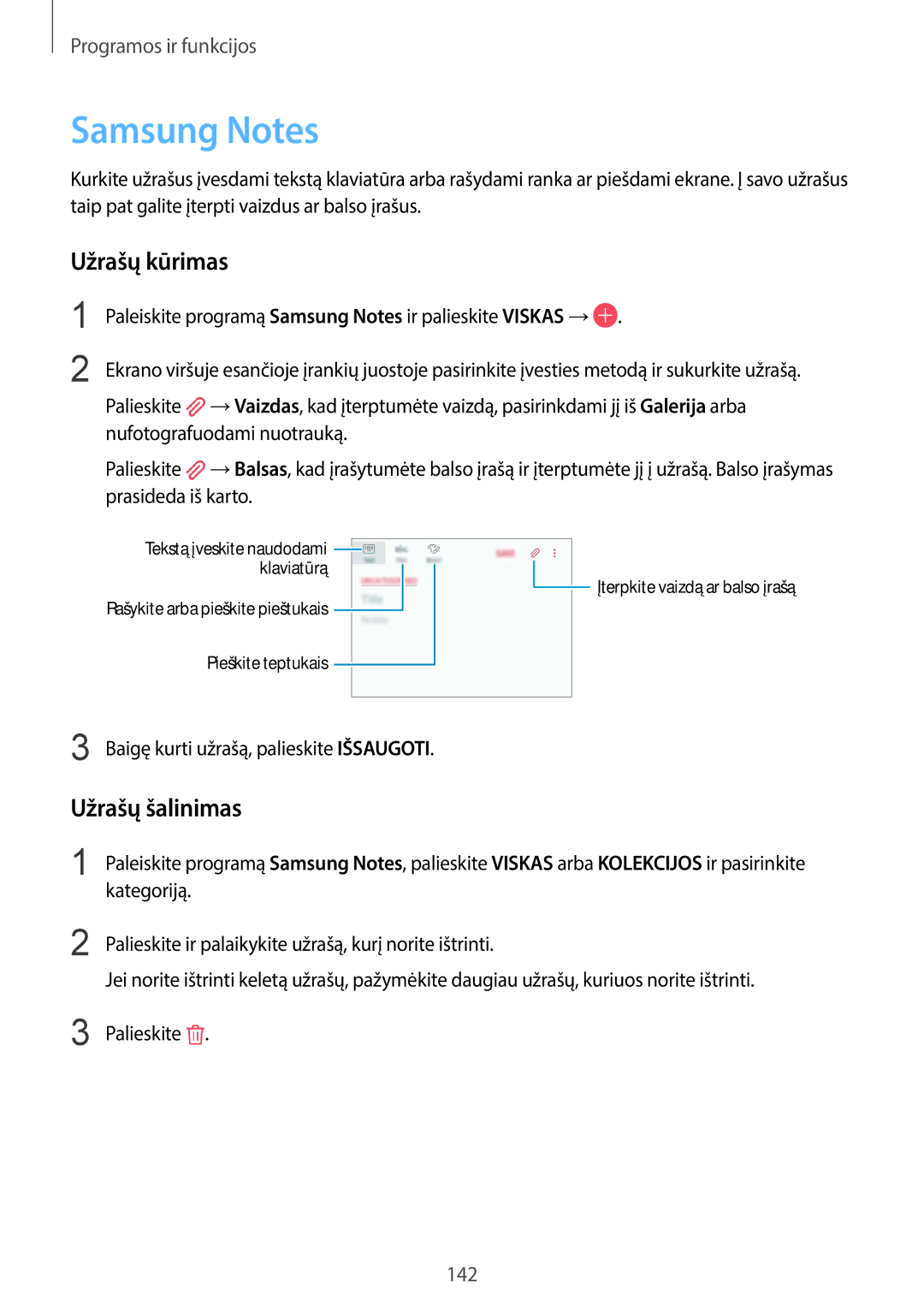 Samsung SM-G960FZKDSEB manual Samsung Notes, Užrašų kūrimas, Užrašų šalinimas, Baigę kurti užrašą, palieskite Išsaugoti 