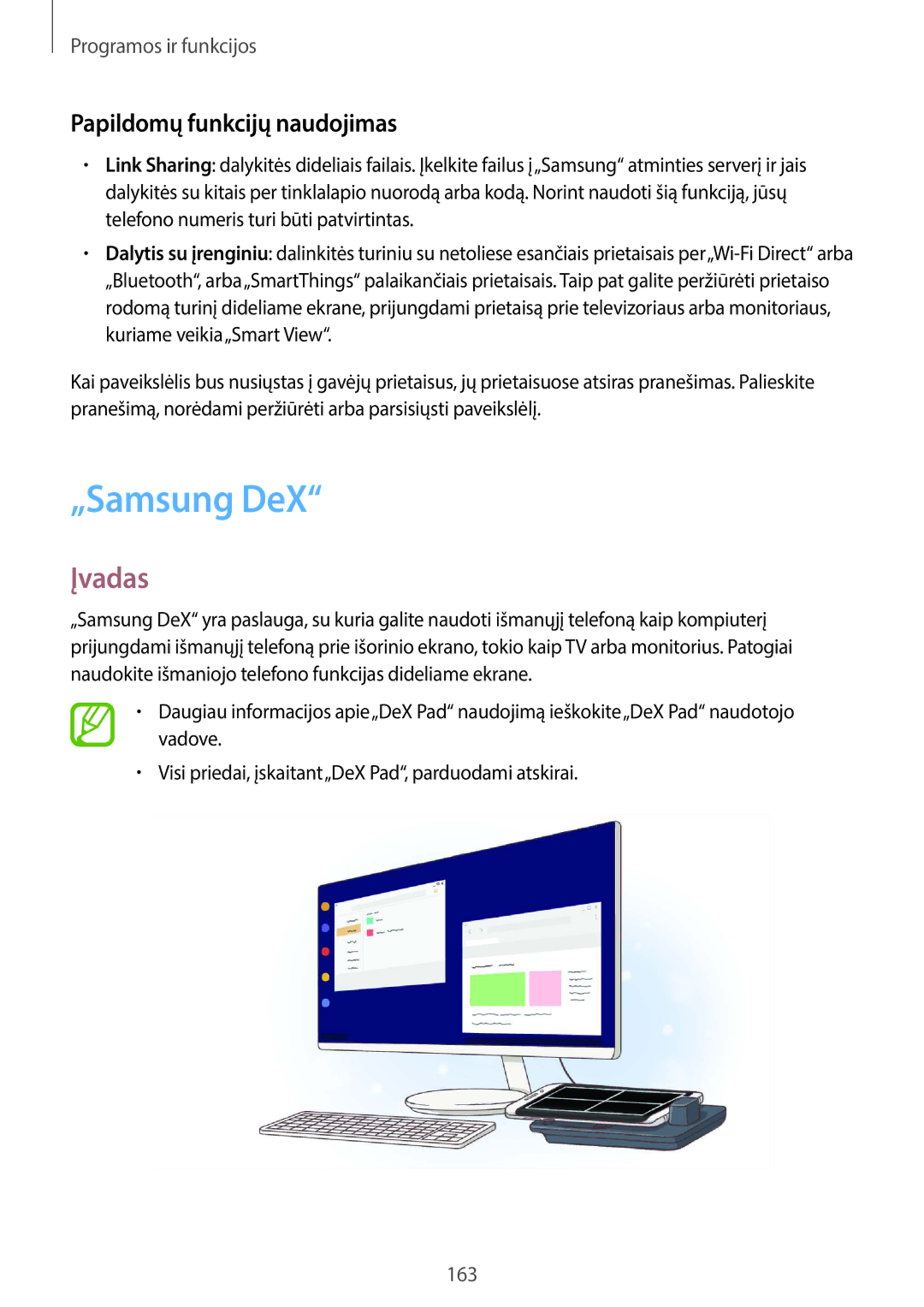 Samsung SM-G965FZKDSEB, SM-G960FZBDSEB, SM-G965FZBDSEB, SM-G965FZPDSEB manual „Samsung DeX, Papildomų funkcijų naudojimas 