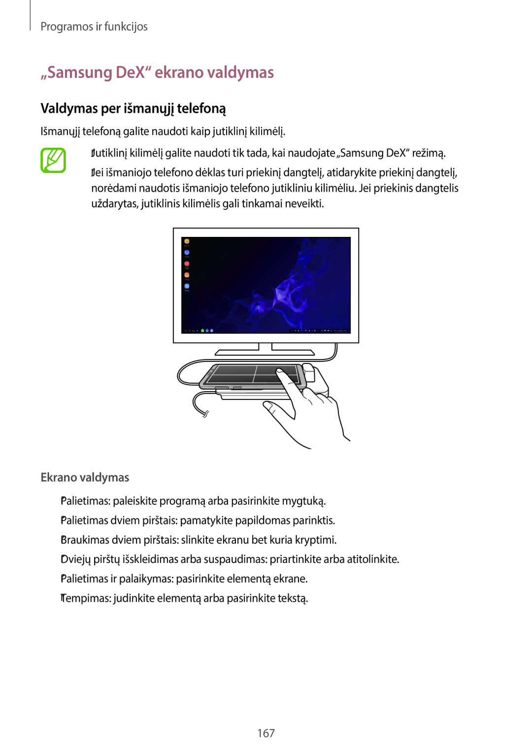 Samsung SM-G960FZPDSEB, SM-G960FZBDSEB manual „Samsung DeX ekrano valdymas, Valdymas per išmanųjį telefoną, Ekrano valdymas 