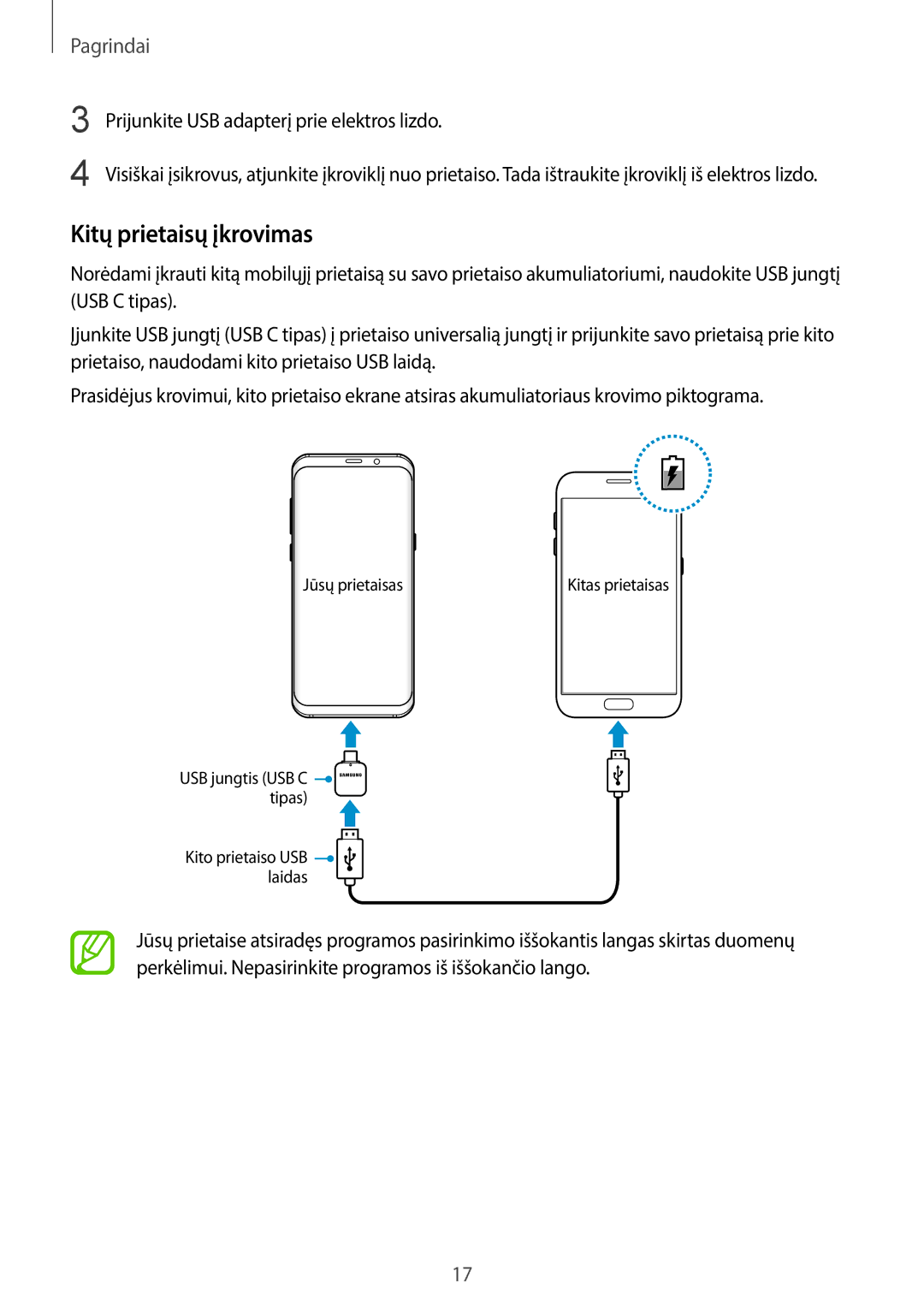 Samsung SM-G960FZPDSEB, SM-G960FZBDSEB manual Kitų prietaisų įkrovimas, Prijunkite USB adapterį prie elektros lizdo 