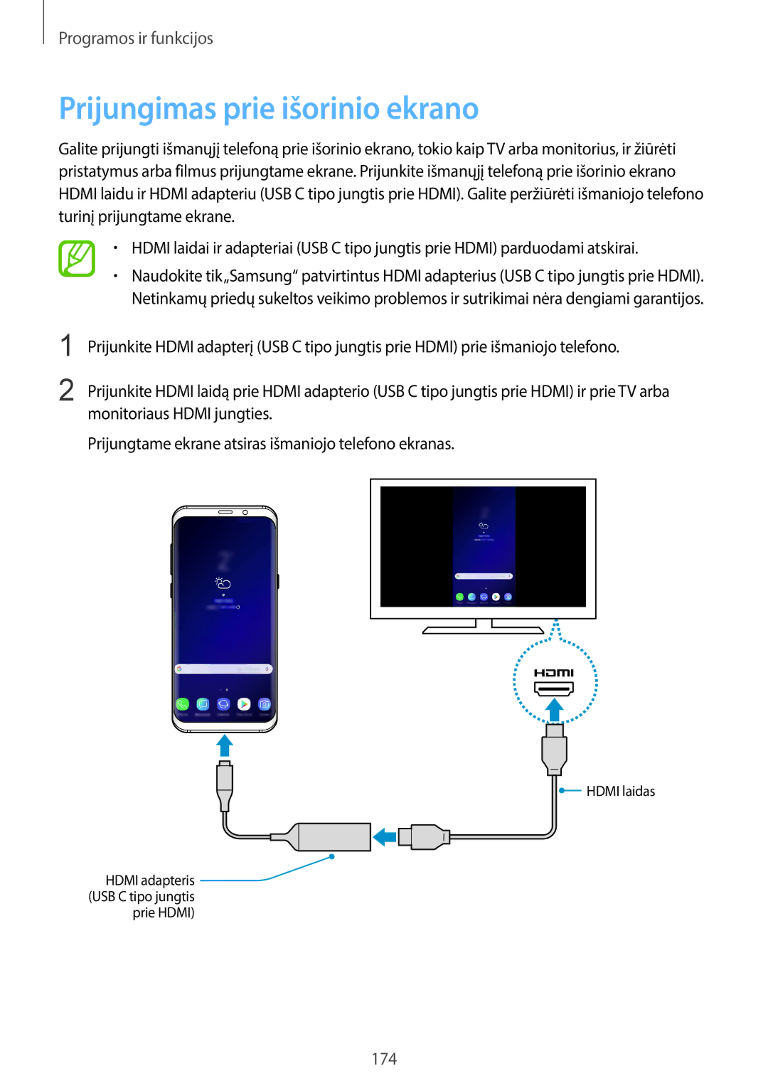 Samsung SM-G960FZBDSEB, SM-G965FZKDSEB, SM-G965FZBDSEB, SM-G965FZPDSEB, SM-G960FZKDSEB manual Prijungimas prie išorinio ekrano 