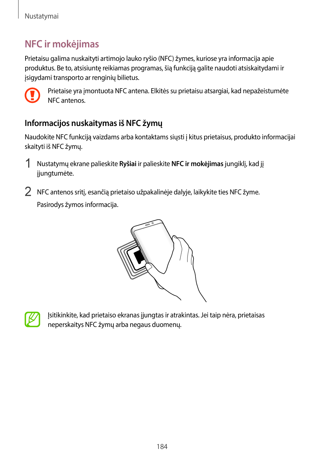 Samsung SM-G960FZKDSEB, SM-G960FZBDSEB, SM-G965FZKDSEB manual NFC ir mokėjimas, Informacijos nuskaitymas iš NFC žymų 