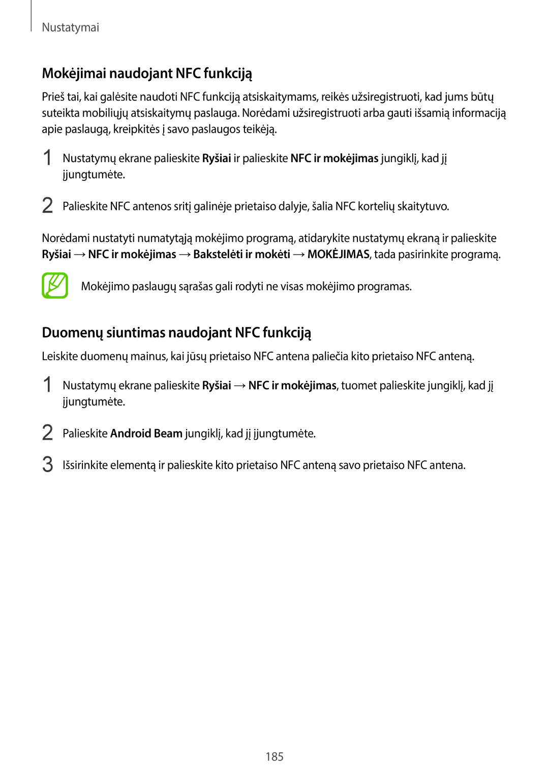 Samsung SM-G960FZPDSEB, SM-G960FZBDSEB manual Mokėjimai naudojant NFC funkciją, Duomenų siuntimas naudojant NFC funkciją 