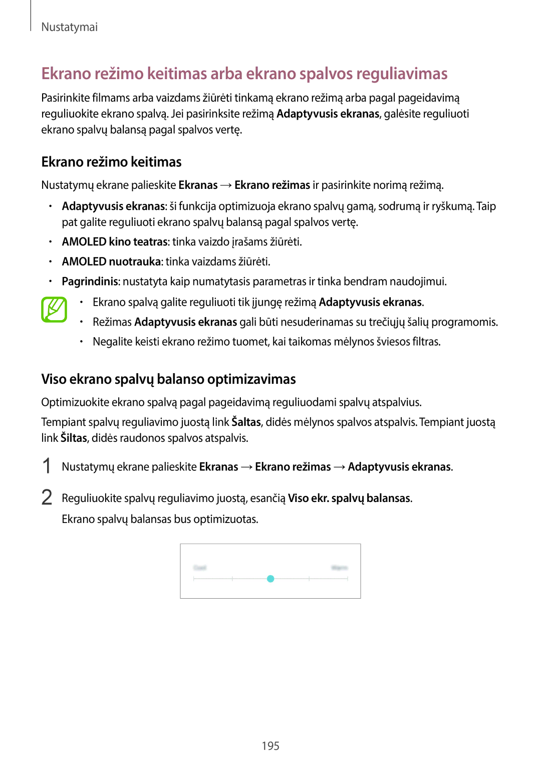 Samsung SM-G965FZPDSEB Ekrano režimo keitimas arba ekrano spalvos reguliavimas, Viso ekrano spalvų balanso optimizavimas 