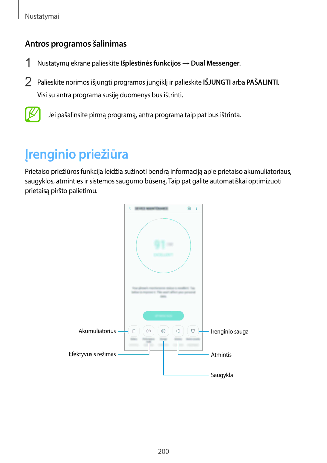 Samsung SM-G965FZBDSEB, SM-G960FZBDSEB, SM-G965FZKDSEB, SM-G965FZPDSEB manual Įrenginio priežiūra, Antros programos šalinimas 