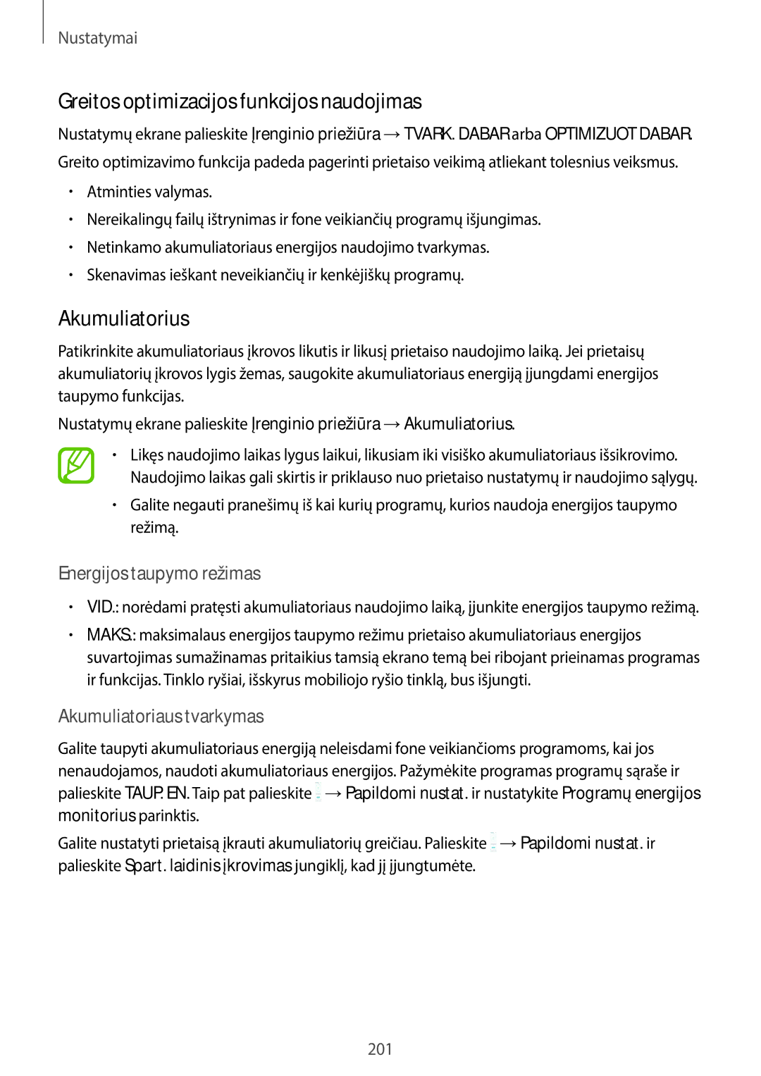 Samsung SM-G965FZPDSEB manual Greitos optimizacijos funkcijos naudojimas, Akumuliatorius, Energijos taupymo režimas 