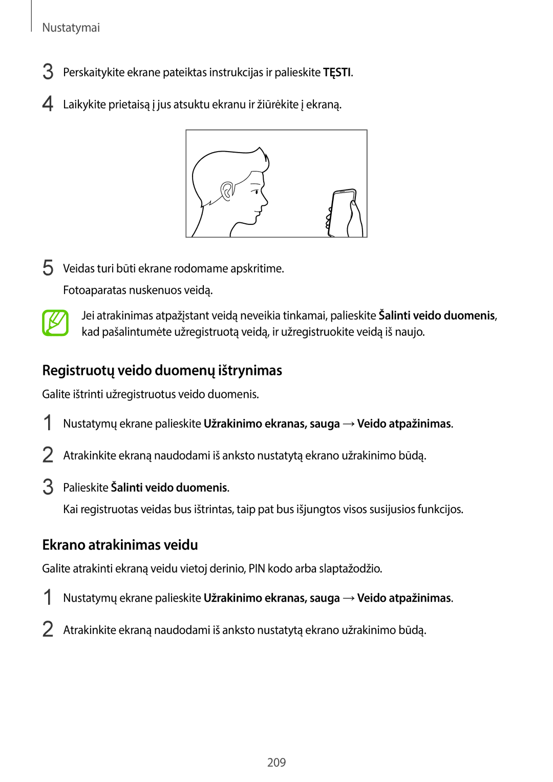 Samsung SM-G960FZPDSEB Registruotų veido duomenų ištrynimas, Ekrano atrakinimas veidu, Palieskite Šalinti veido duomenis 