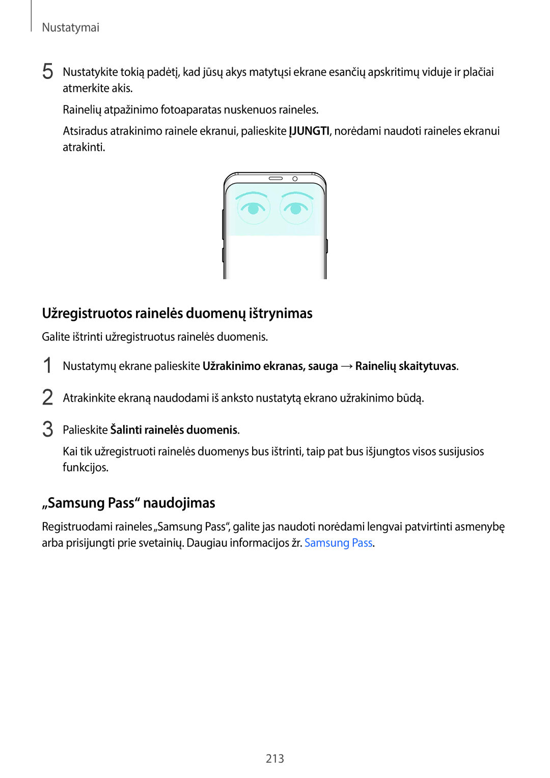 Samsung SM-G965FZPDSEB, SM-G960FZBDSEB, SM-G965FZKDSEB Užregistruotos rainelės duomenų ištrynimas, „Samsung Pass naudojimas 