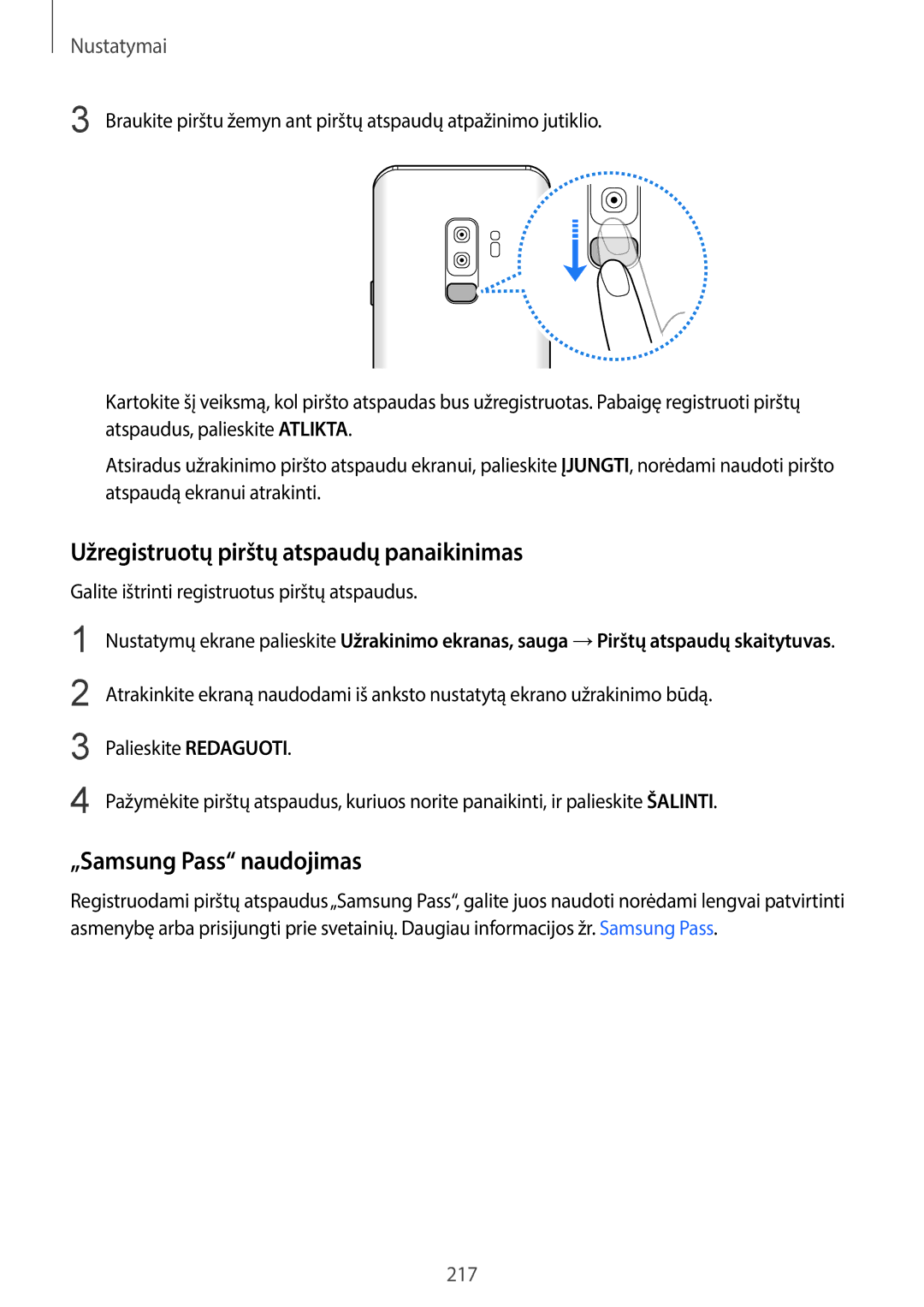 Samsung SM-G965FZKDSEB manual Užregistruotų pirštų atspaudų panaikinimas, Galite ištrinti registruotus pirštų atspaudus 