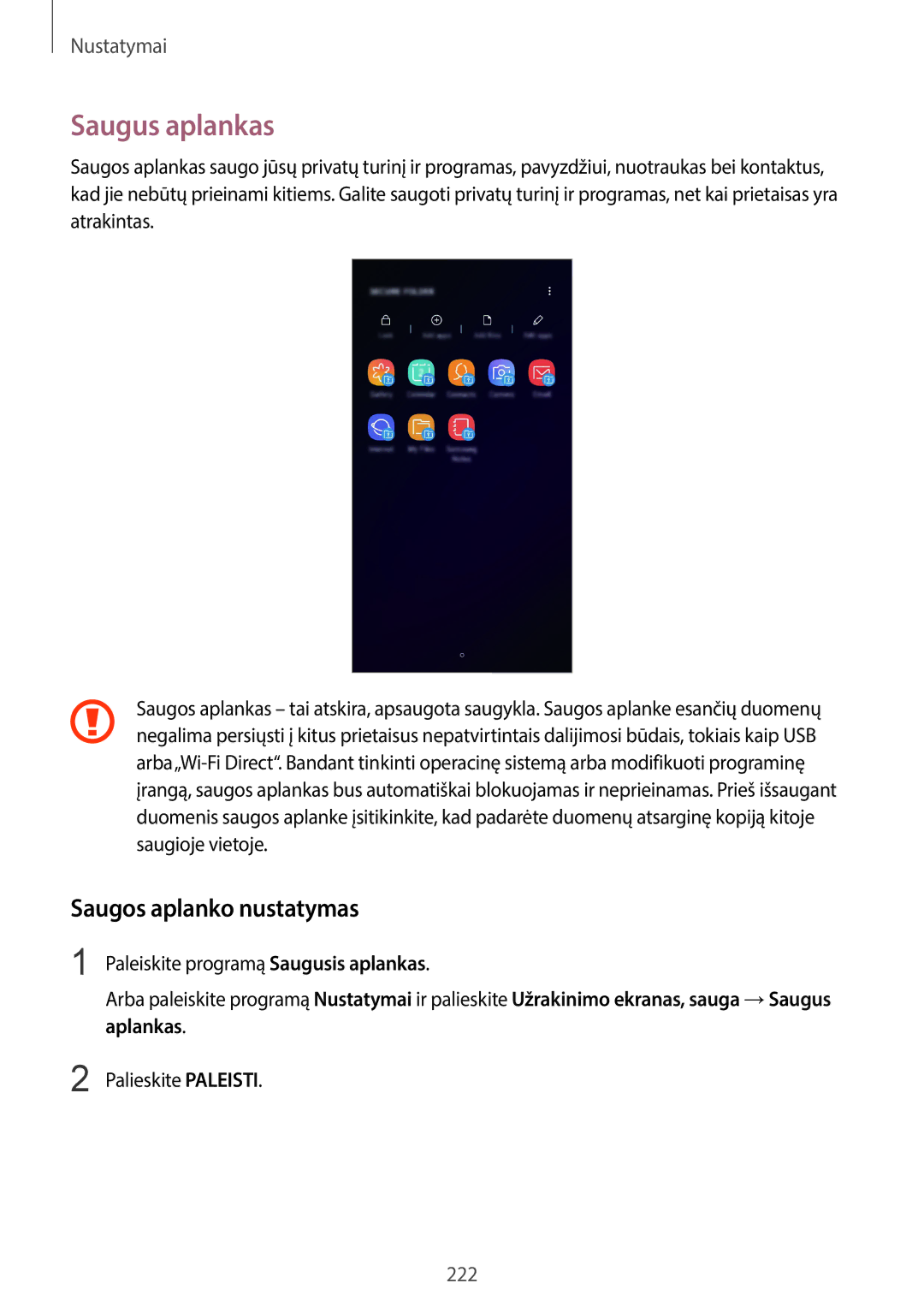 Samsung SM-G960FZBDSEB manual Saugus aplankas, Saugos aplanko nustatymas, Paleiskite programą Saugusis aplankas, Aplankas 