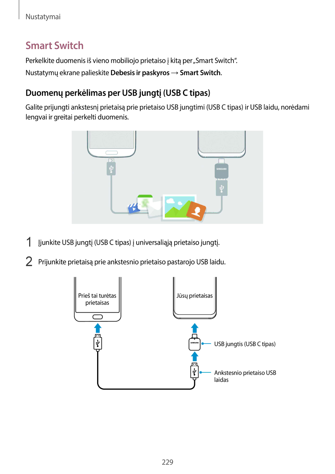 Samsung SM-G965FZKDSEB, SM-G960FZBDSEB, SM-G965FZBDSEB manual Smart Switch, Duomenų perkėlimas per USB jungtį USB C tipas 