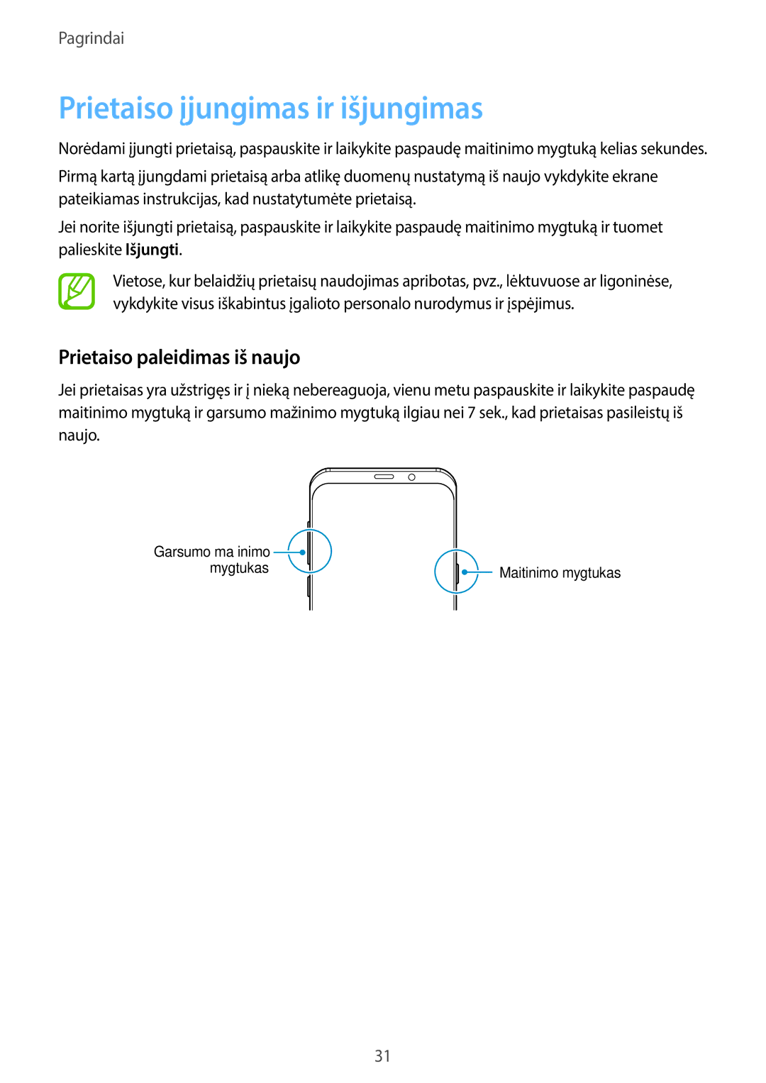 Samsung SM-G965FZKDSEB, SM-G960FZBDSEB, SM-G965FZBDSEB Prietaiso įjungimas ir išjungimas, Prietaiso paleidimas iš naujo 