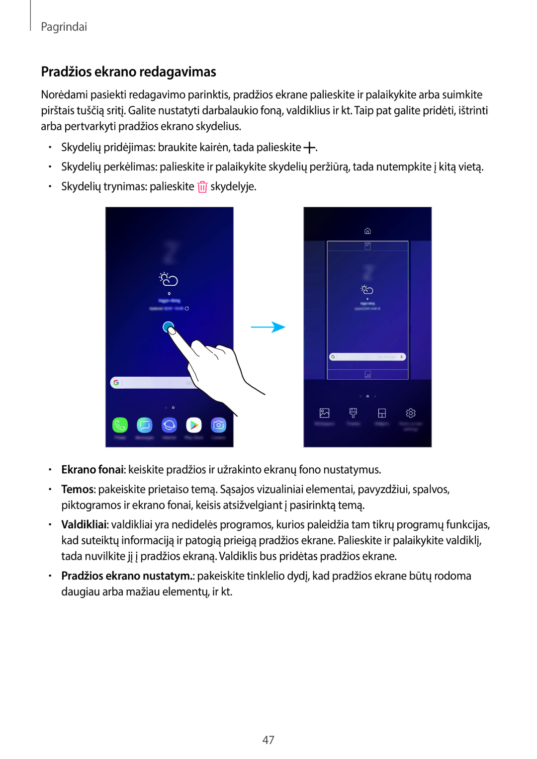 Samsung SM-G960FZPDSEB, SM-G960FZBDSEB, SM-G965FZKDSEB, SM-G965FZBDSEB, SM-G965FZPDSEB manual Pradžios ekrano redagavimas 