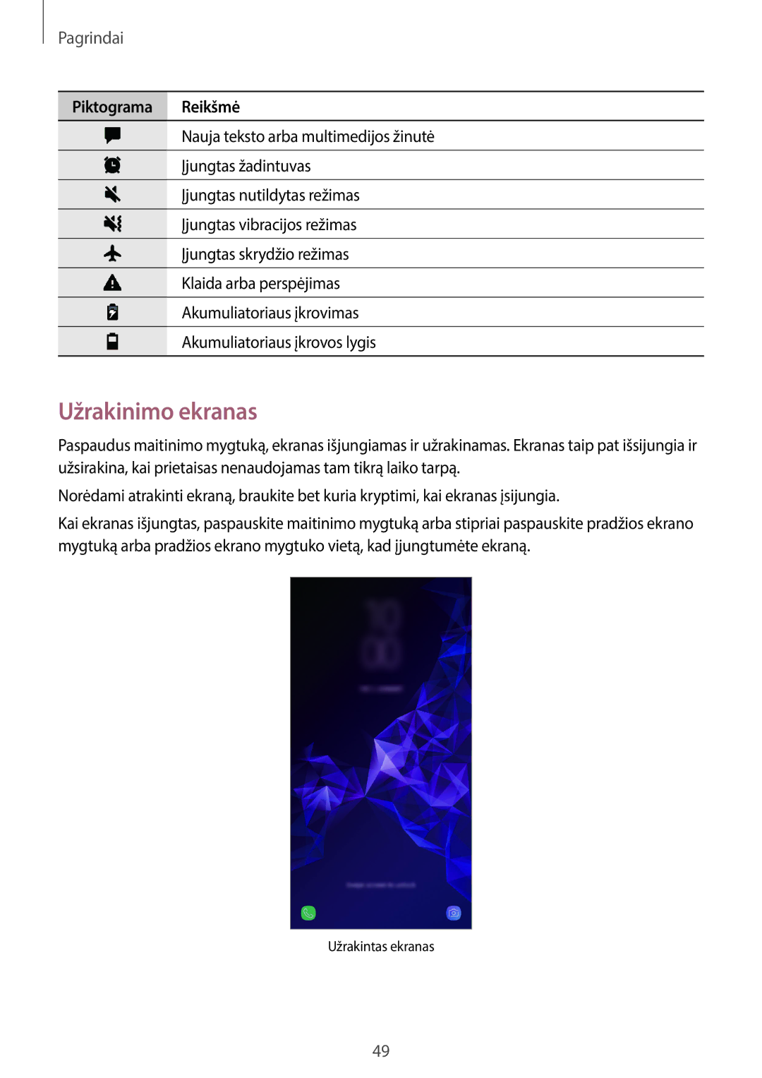 Samsung SM-G965FZKDSEB, SM-G960FZBDSEB, SM-G965FZBDSEB, SM-G965FZPDSEB, SM-G960FZKDSEB, SM-G960FZPDSEB manual Užrakinimo ekranas 