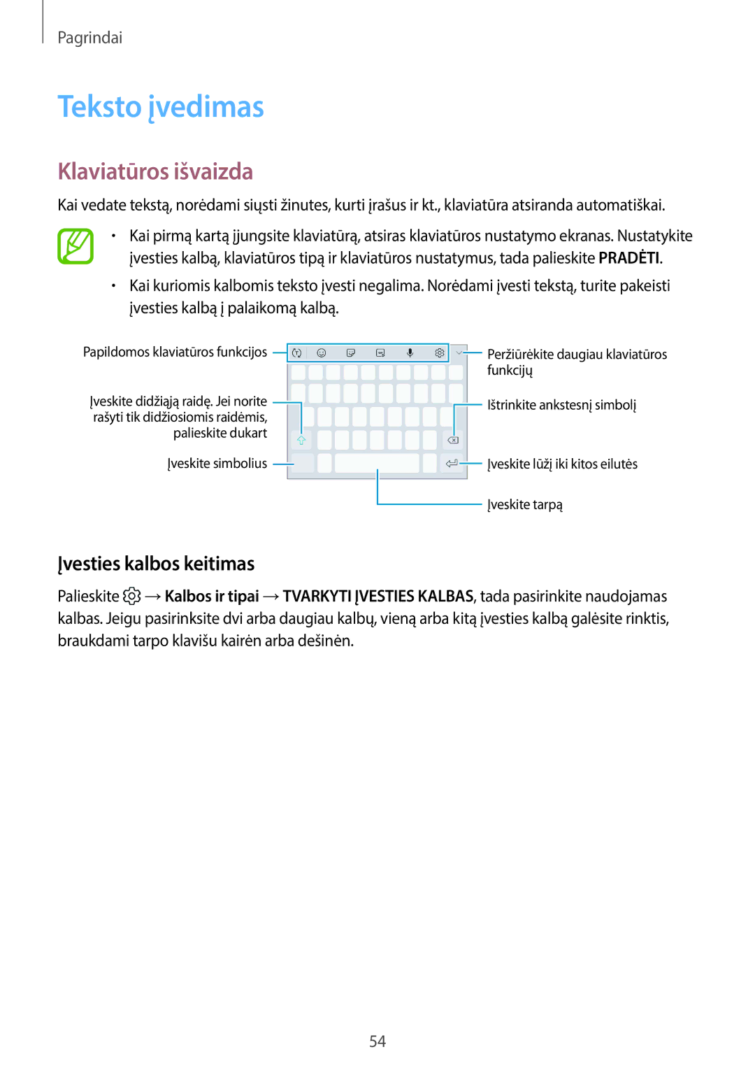 Samsung SM-G960FZBDSEB, SM-G965FZKDSEB, SM-G965FZBDSEB manual Teksto įvedimas, Klaviatūros išvaizda, Įvesties kalbos keitimas 