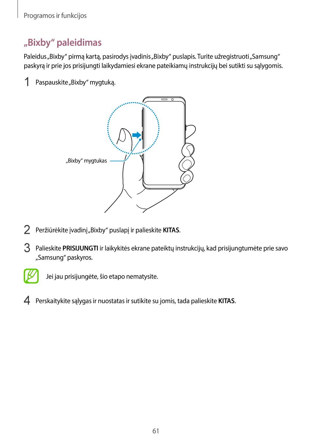 Samsung SM-G965FZKDSEB, SM-G960FZBDSEB, SM-G965FZBDSEB, SM-G965FZPDSEB manual „Bixby paleidimas, Paspauskite„Bixby mygtuką 