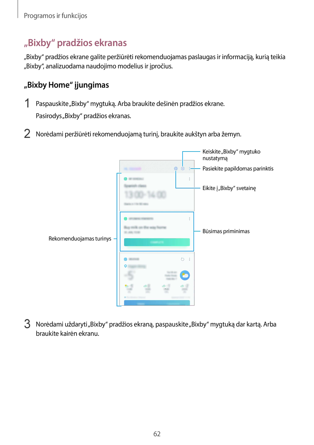 Samsung SM-G965FZBDSEB, SM-G960FZBDSEB, SM-G965FZKDSEB, SM-G965FZPDSEB manual „Bixby pradžios ekranas, „Bixby Home įjungimas 