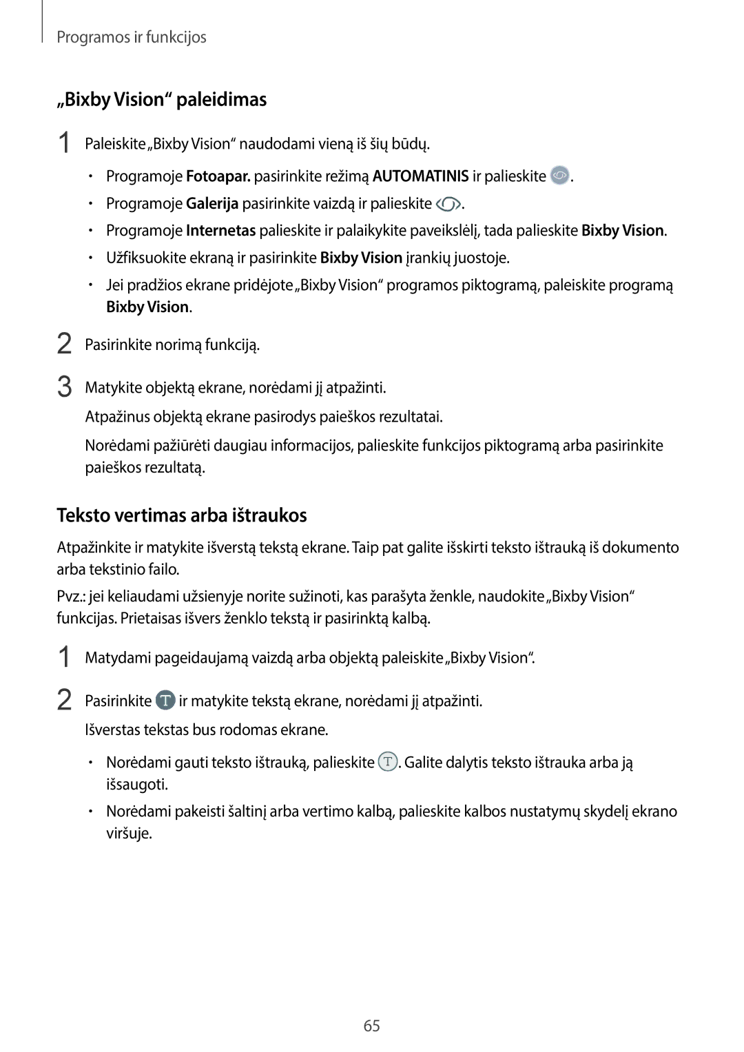 Samsung SM-G960FZPDSEB manual „Bixby Vision paleidimas, Teksto vertimas arba ištraukos, Pasirinkite norimą funkciją 