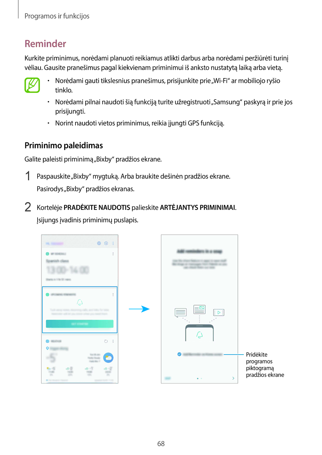 Samsung SM-G965FZBDSEB, SM-G960FZBDSEB, SM-G965FZKDSEB Reminder, Priminimo paleidimas, Įsijungs įvadinis priminimų puslapis 