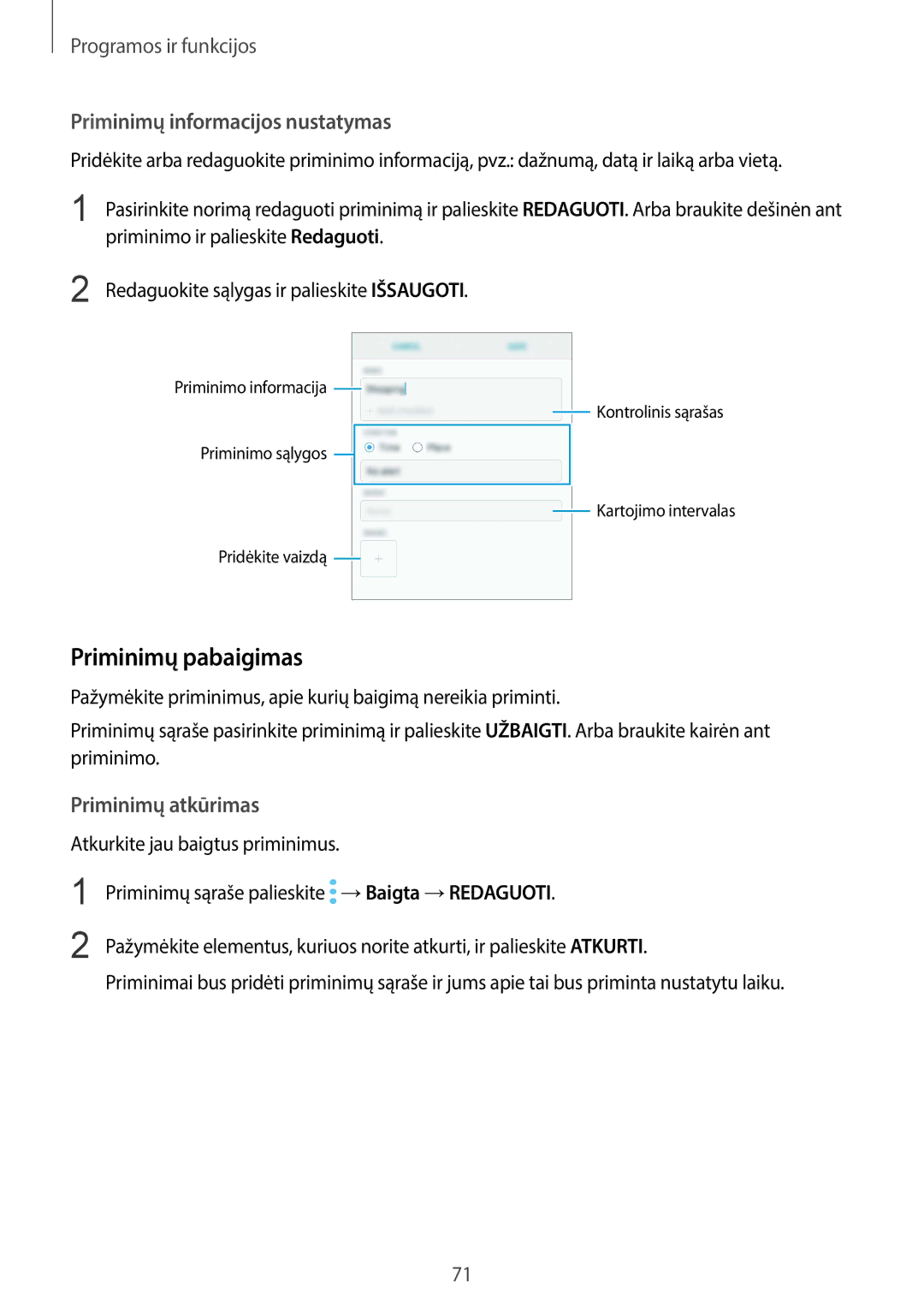 Samsung SM-G960FZPDSEB, SM-G960FZBDSEB manual Priminimų pabaigimas, Priminimų informacijos nustatymas, Priminimų atkūrimas 