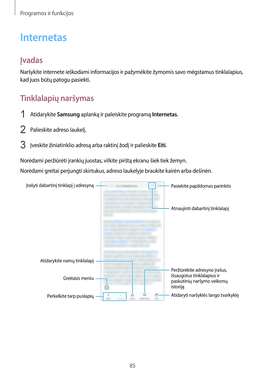 Samsung SM-G965FZKDSEB, SM-G960FZBDSEB, SM-G965FZBDSEB, SM-G965FZPDSEB, SM-G960FZKDSEB manual Internetas, Tinklalapių naršymas 