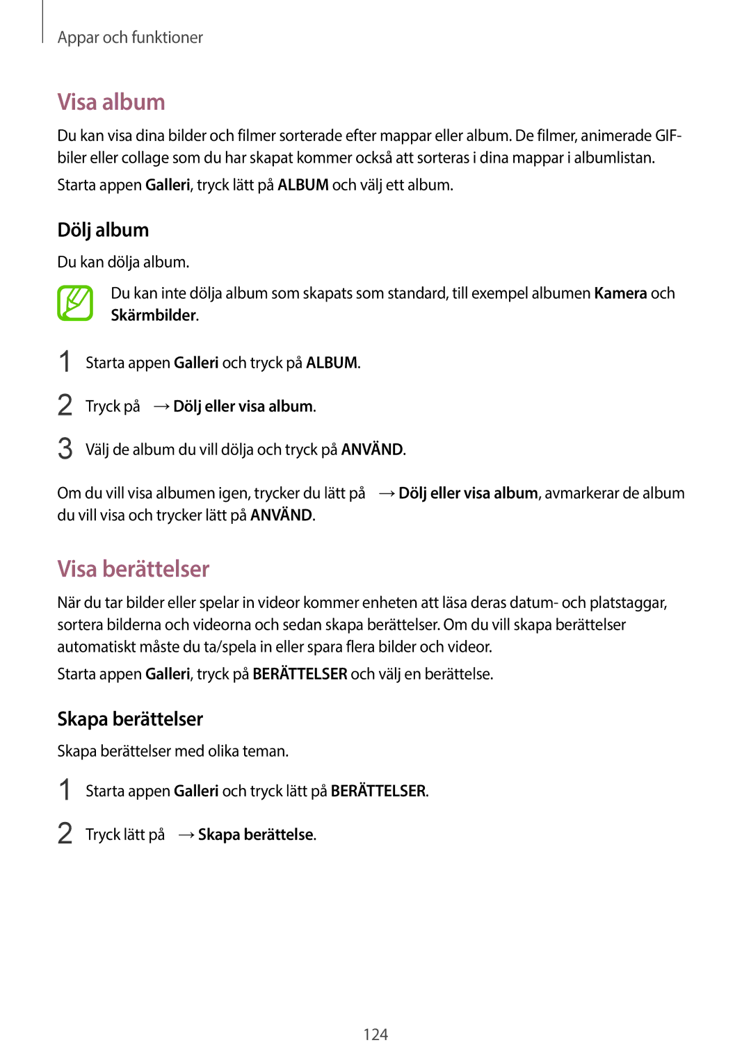 Samsung SM-G965FZKDNEE manual Visa album, Visa berättelser, Dölj album, Skapa berättelser, Tryck på →Dölj eller visa album 