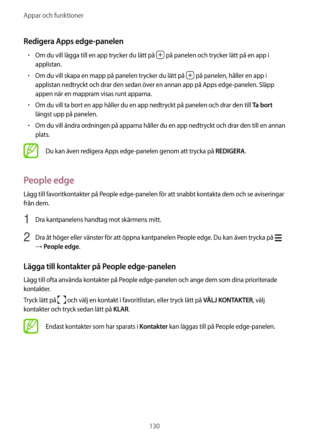 Samsung SM-G965FZKDNEE manual Redigera Apps edge-panelen, Lägga till kontakter på People edge-panelen, → People edge 