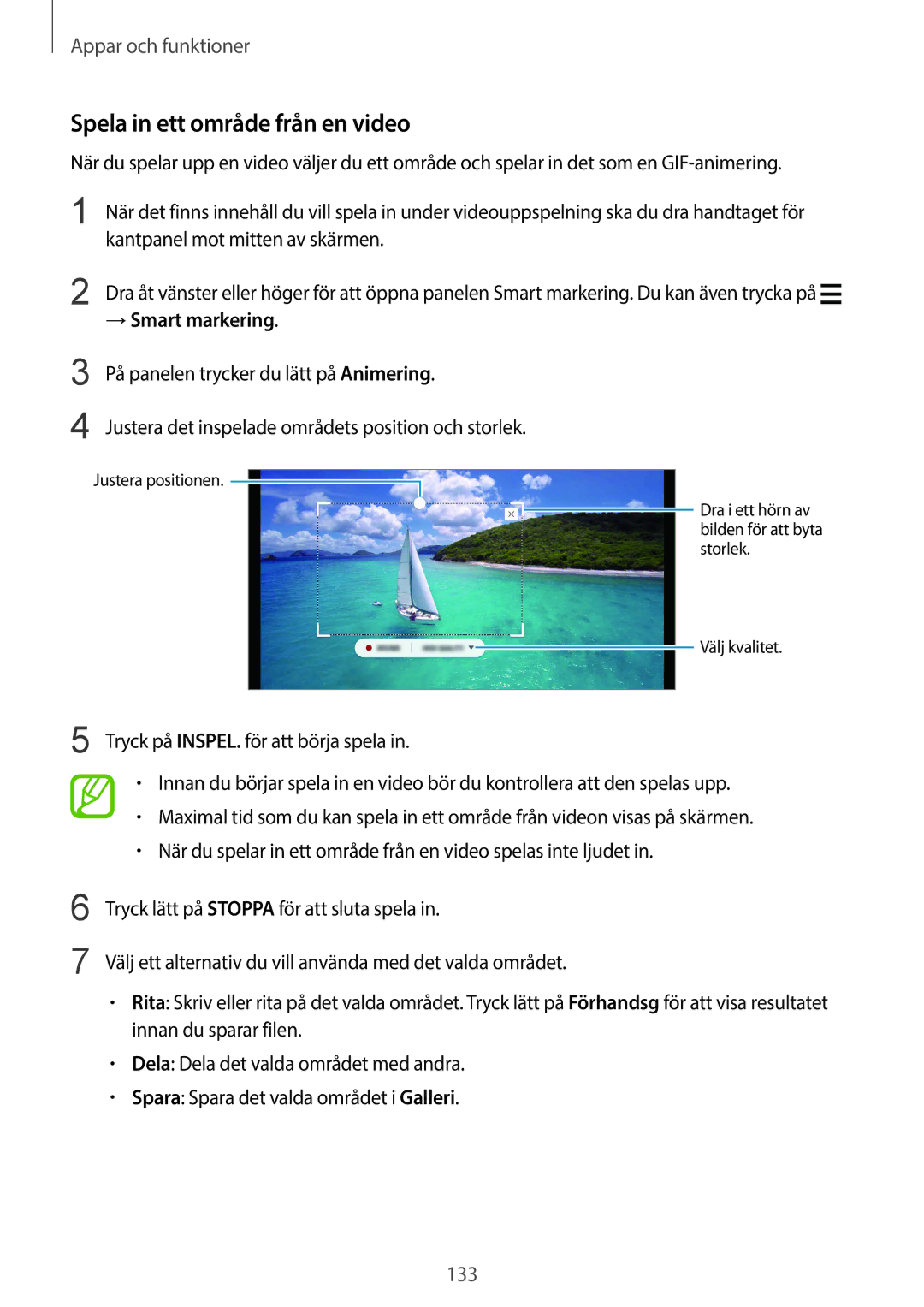 Samsung SM-G960FZBDNEE manual Spela in ett område från en video, Kantpanel mot mitten av skärmen, →Smart markering 