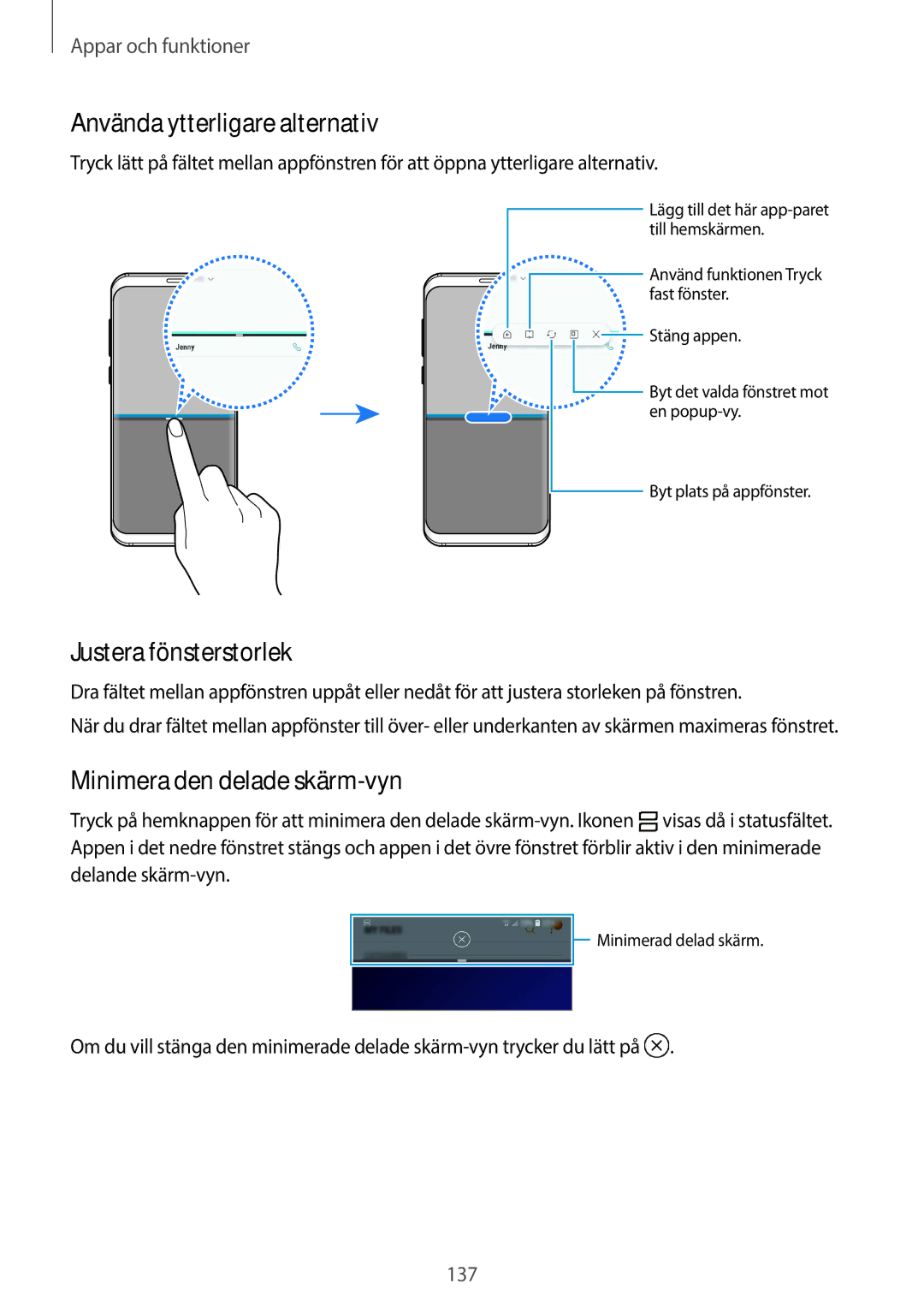 Samsung SM-G965FZPDNEE manual Använda ytterligare alternativ, Justera fönsterstorlek, Minimera den delade skärm-vyn 