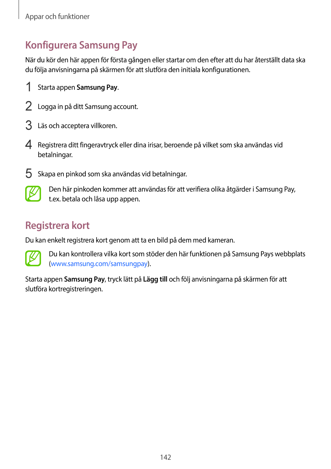 Samsung SM-G965FZKDNEE, SM-G960FZKDNEE, SM-G960FZBDNEE, SM-G960FZPDNEE manual Konfigurera Samsung Pay, Registrera kort 