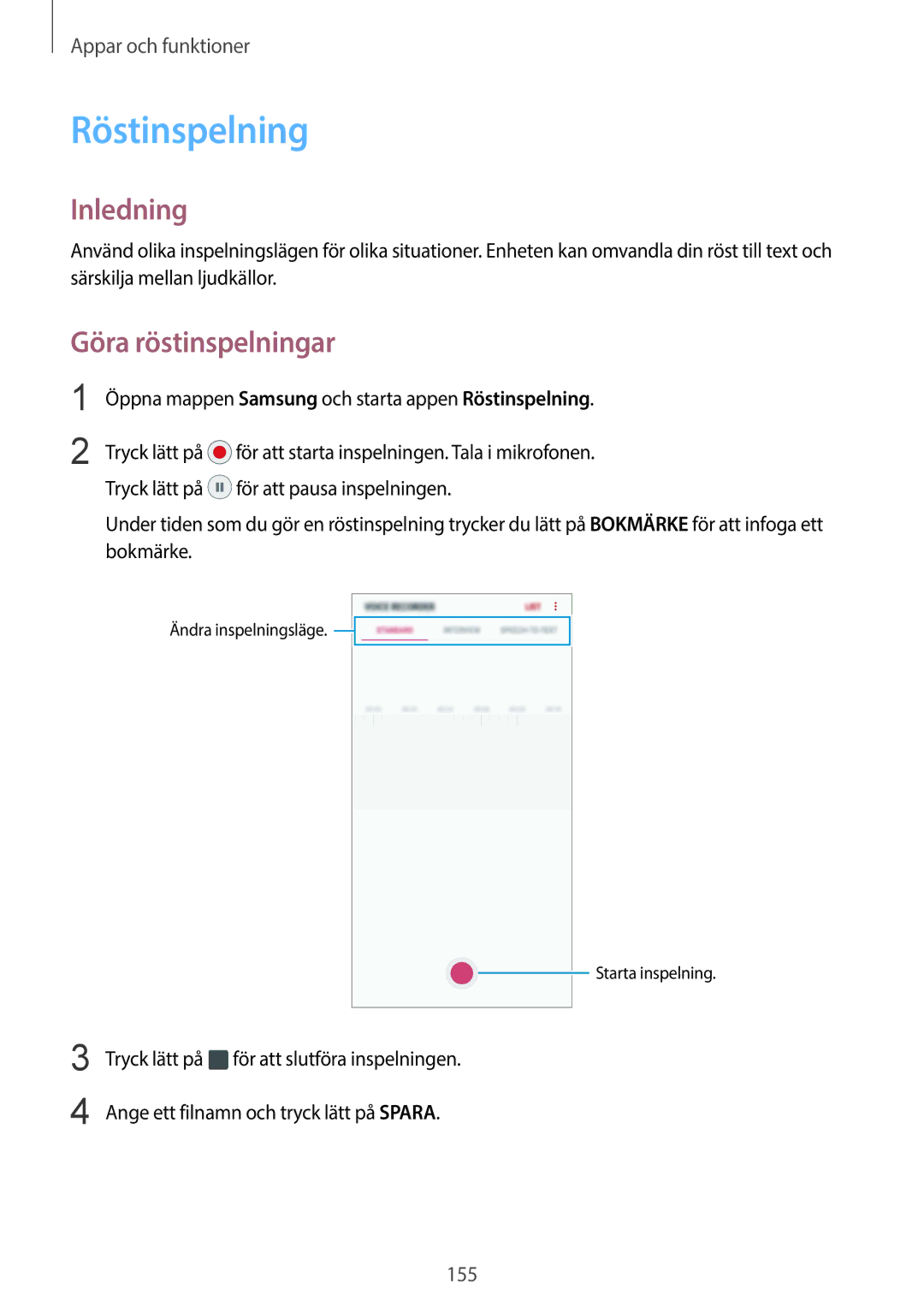 Samsung SM-G965FZPDNEE, SM-G960FZKDNEE Göra röstinspelningar, Öppna mappen Samsung och starta appen Röstinspelning 