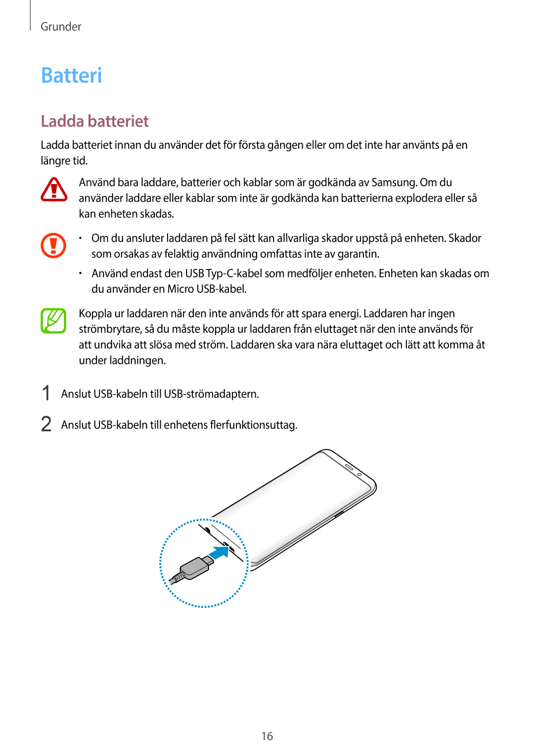 Samsung SM-G965FZKDNEE, SM-G960FZKDNEE, SM-G960FZBDNEE, SM-G960FZPDNEE, SM-G965FZBDNEE manual Batteri, Ladda batteriet 