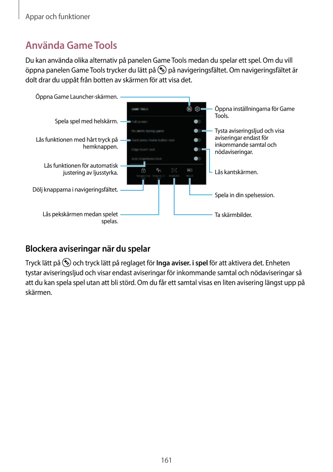 Samsung SM-G965FZPDNEE, SM-G960FZKDNEE, SM-G960FZBDNEE manual Använda Game Tools, Blockera aviseringar när du spelar 