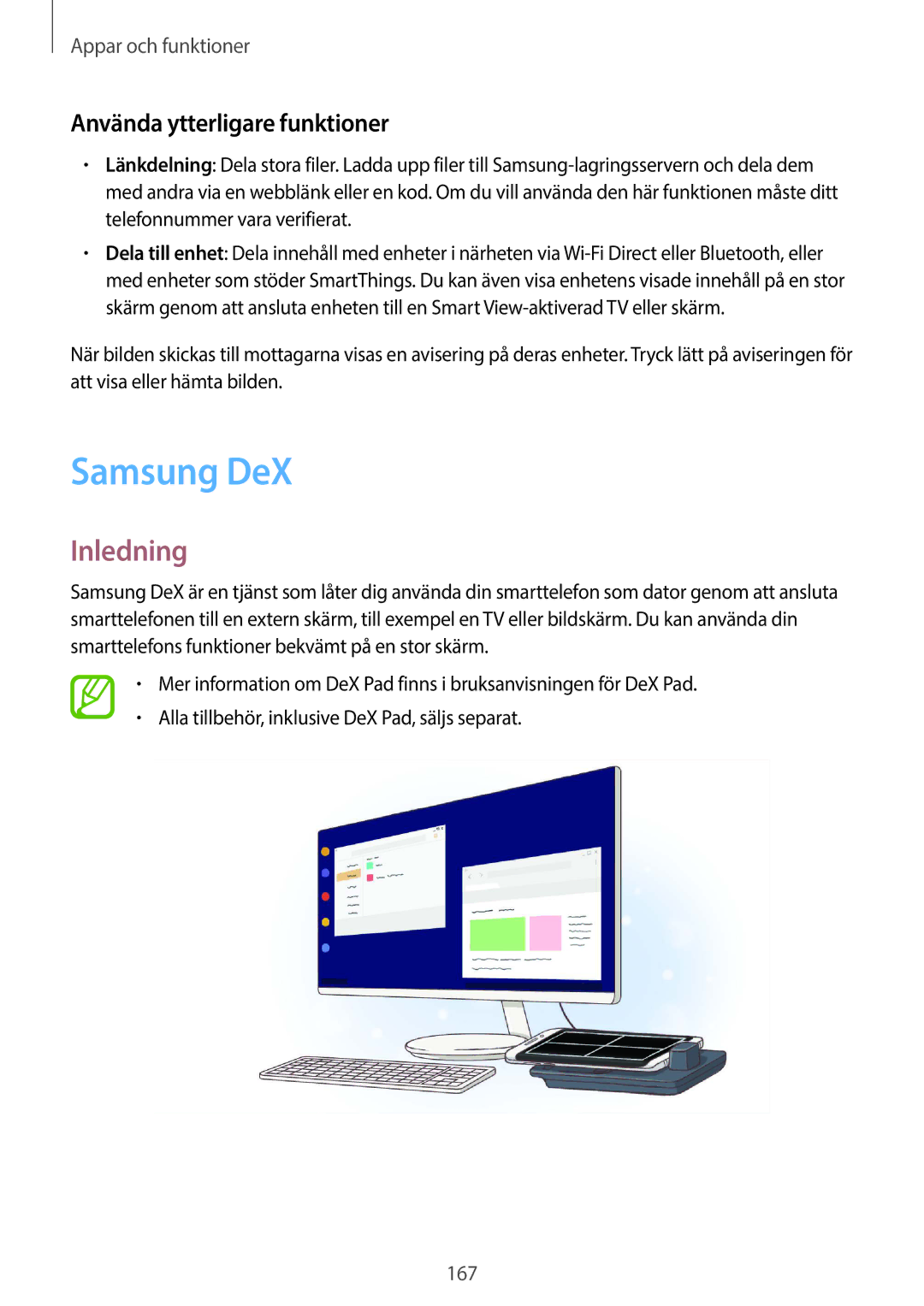 Samsung SM-G965FZPDNEE, SM-G960FZKDNEE, SM-G960FZBDNEE, SM-G960FZPDNEE manual Samsung DeX, Använda ytterligare funktioner 