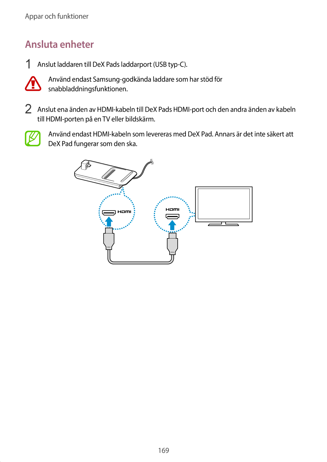 Samsung SM-G960FZBDNEE manual Ansluta enheter, Anslut laddaren till DeX Pads laddarport USB typ-C, Snabbladdningsfunktionen 