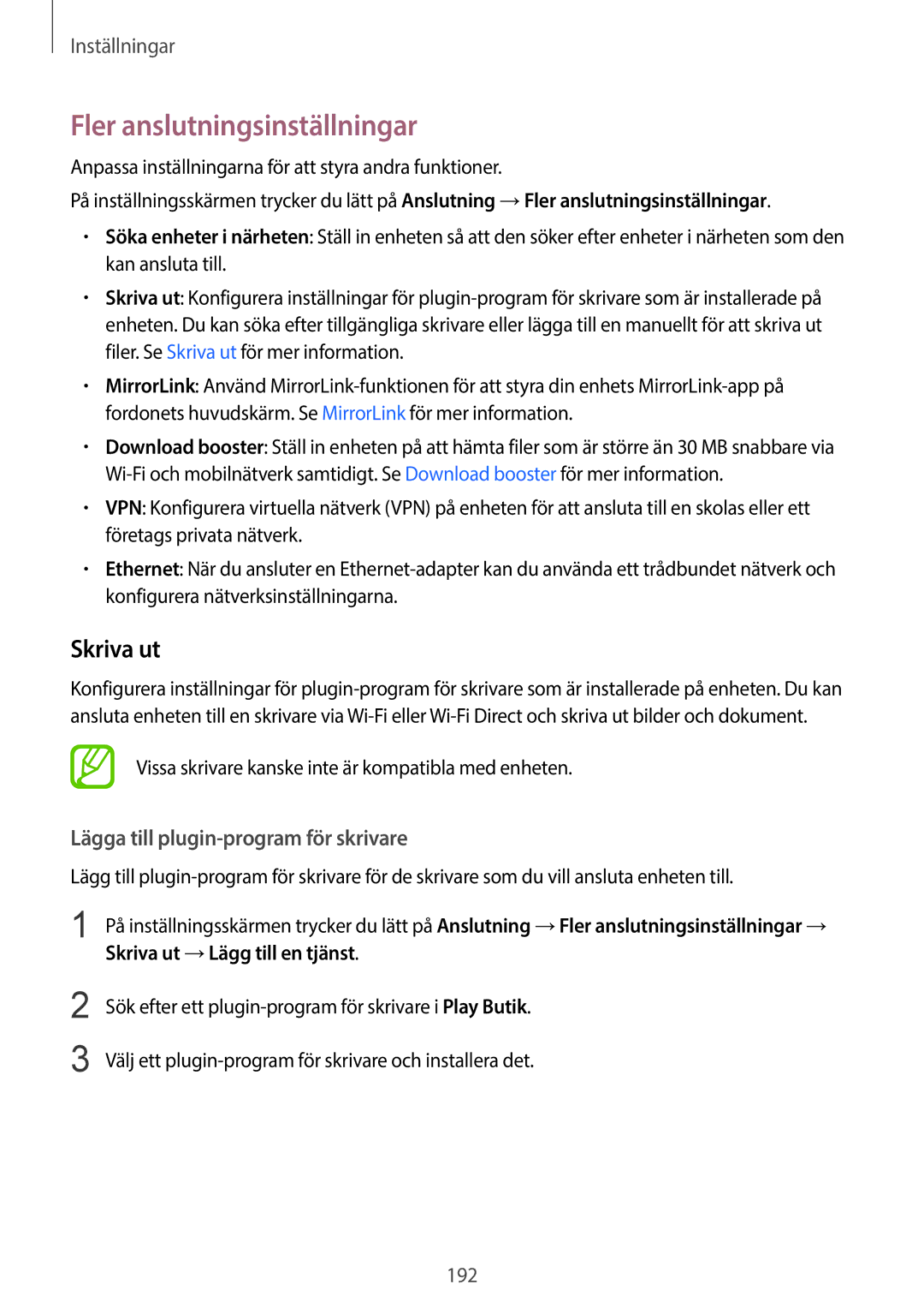 Samsung SM-G960FZKDNEE, SM-G960FZBDNEE Fler anslutningsinställningar, Skriva ut, Lägga till plugin-program för skrivare 