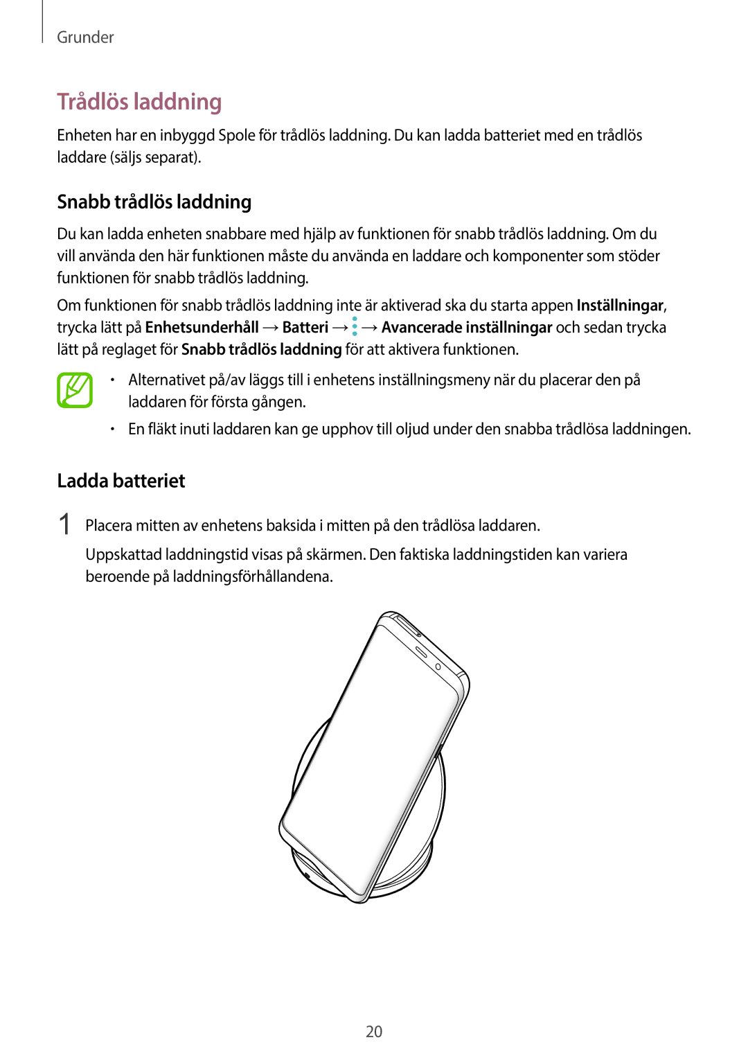 Samsung SM-G960FZPDNEE, SM-G960FZKDNEE, SM-G960FZBDNEE manual Trådlös laddning, Snabb trådlös laddning, Ladda batteriet 