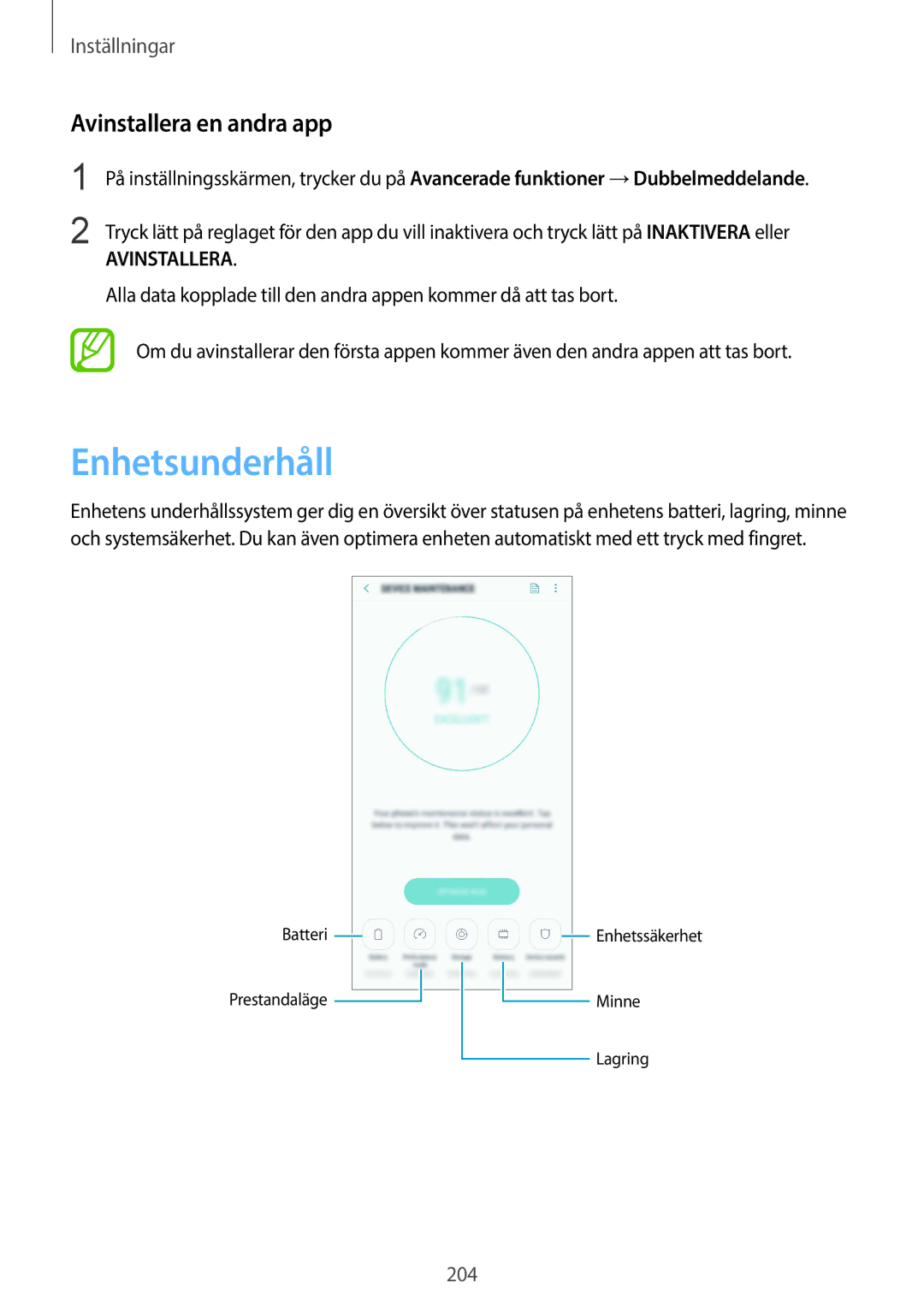 Samsung SM-G960FZKDNEE, SM-G960FZBDNEE, SM-G960FZPDNEE, SM-G965FZBDNEE manual Enhetsunderhåll, Avinstallera en andra app 