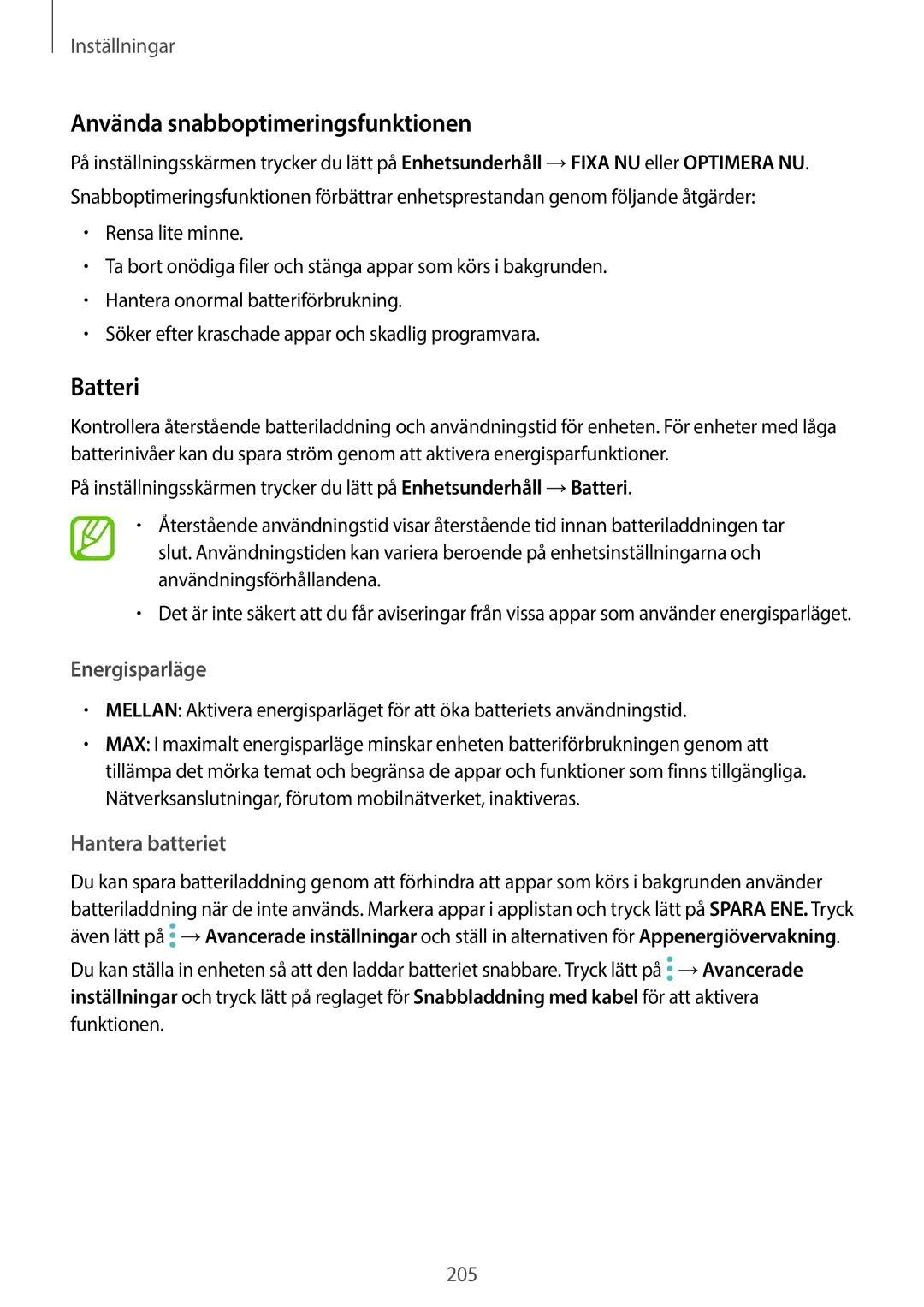 Samsung SM-G960FZBDNEE, SM-G960FZKDNEE manual Använda snabboptimeringsfunktionen, Batteri, Energisparläge, Hantera batteriet 