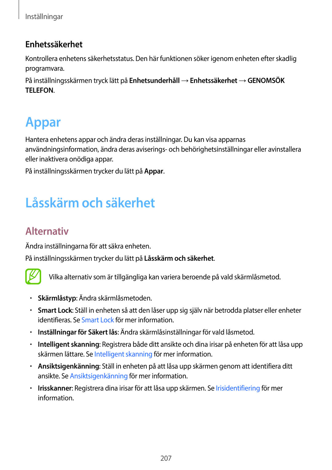 Samsung SM-G965FZBDNEE, SM-G960FZKDNEE, SM-G960FZBDNEE, SM-G960FZPDNEE manual Appar, Låsskärm och säkerhet, Enhetssäkerhet 