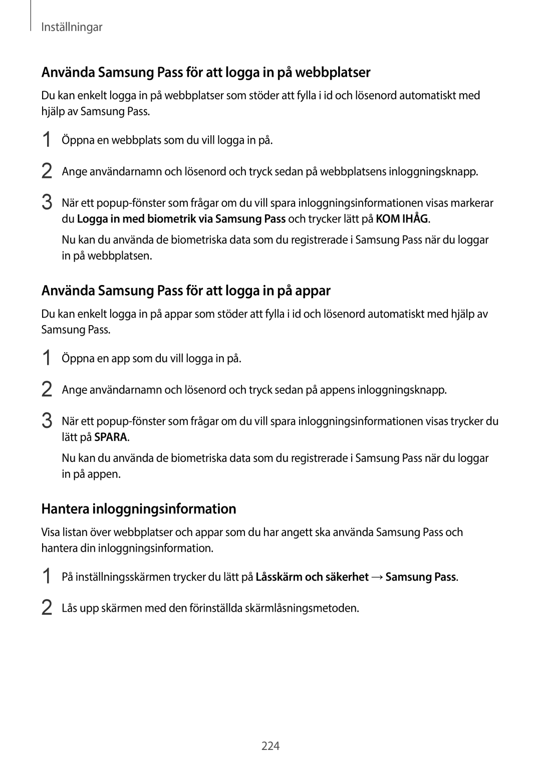 Samsung SM-G960FZPDNEE manual Använda Samsung Pass för att logga in på webbplatser, Hantera inloggningsinformation 