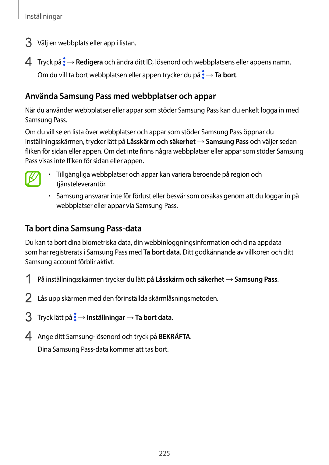 Samsung SM-G965FZBDNEE, SM-G960FZKDNEE manual Använda Samsung Pass med webbplatser och appar, Ta bort dina Samsung Pass-data 