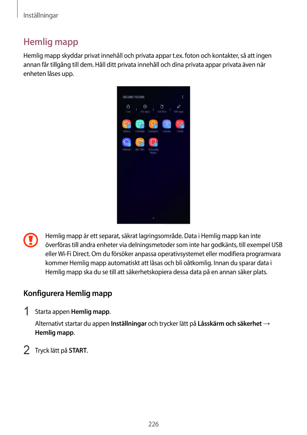Samsung SM-G965FZKDNEE, SM-G960FZKDNEE manual Konfigurera Hemlig mapp, Starta appen Hemlig mapp, Tryck lätt på Start 