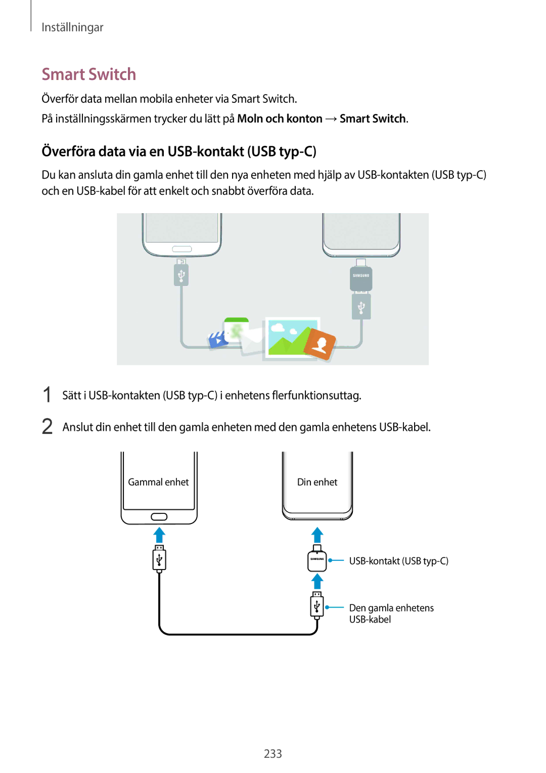 Samsung SM-G965FZPDNEE, SM-G960FZKDNEE, SM-G960FZBDNEE manual Smart Switch, Överföra data via en USB-kontakt USB typ-C 