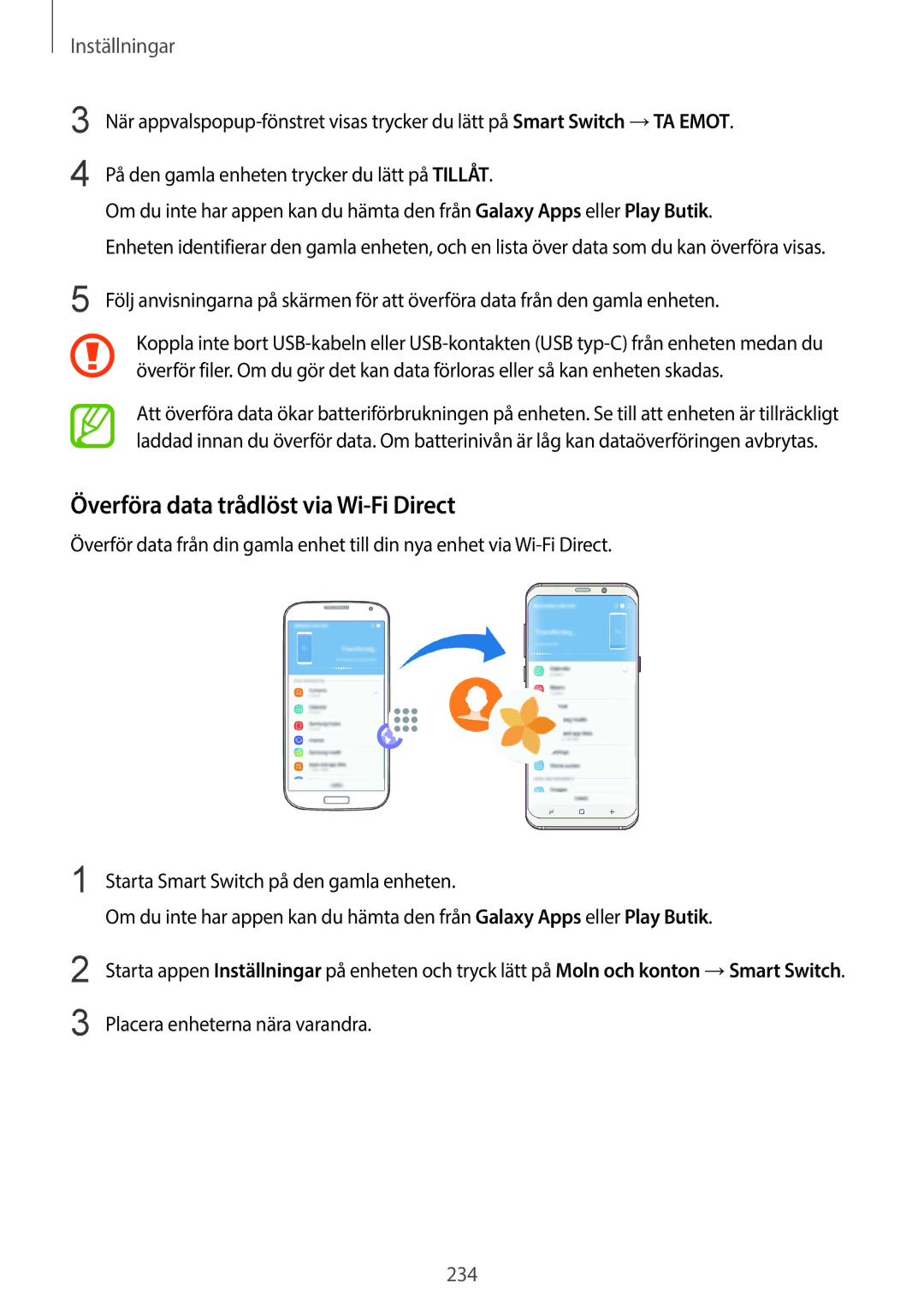 Samsung SM-G960FZKDNEE, SM-G960FZBDNEE manual Överföra data trådlöst via Wi-Fi Direct, Placera enheterna nära varandra 