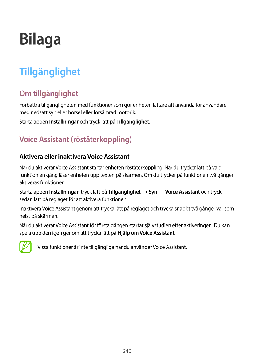 Samsung SM-G960FZKDNEE Om tillgänglighet, Voice Assistant röståterkoppling, Aktivera eller inaktivera Voice Assistant 