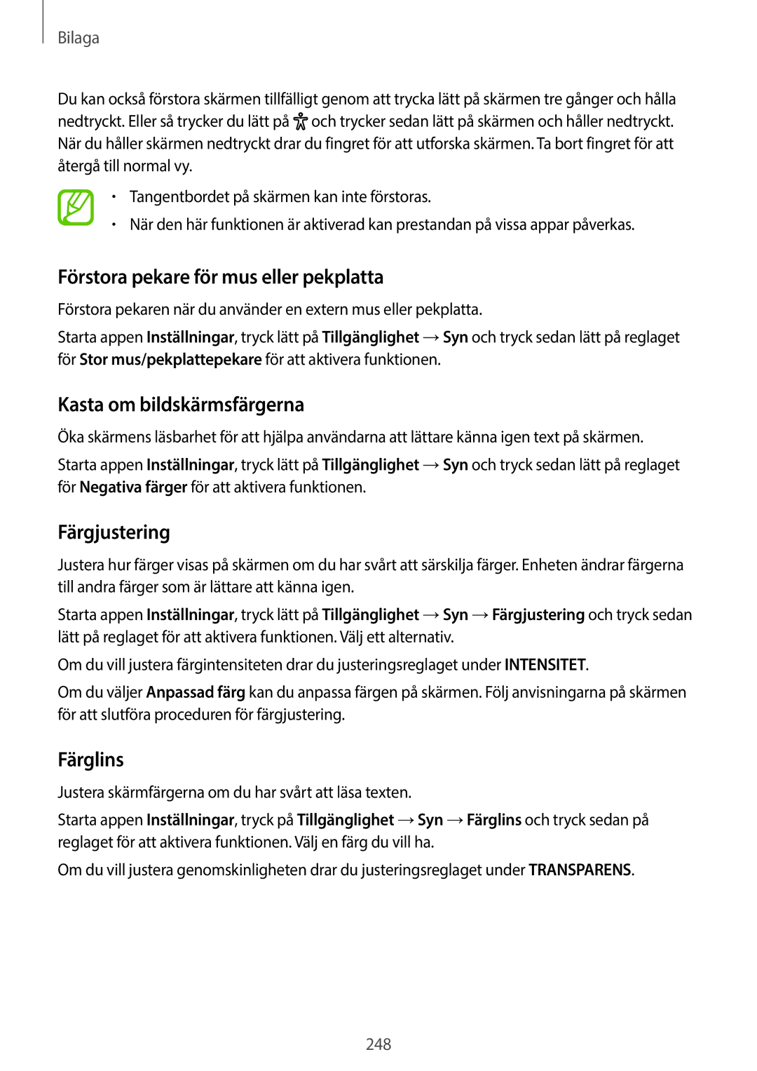 Samsung SM-G960FZPDNEE manual Förstora pekare för mus eller pekplatta, Kasta om bildskärmsfärgerna, Färgjustering, Färglins 