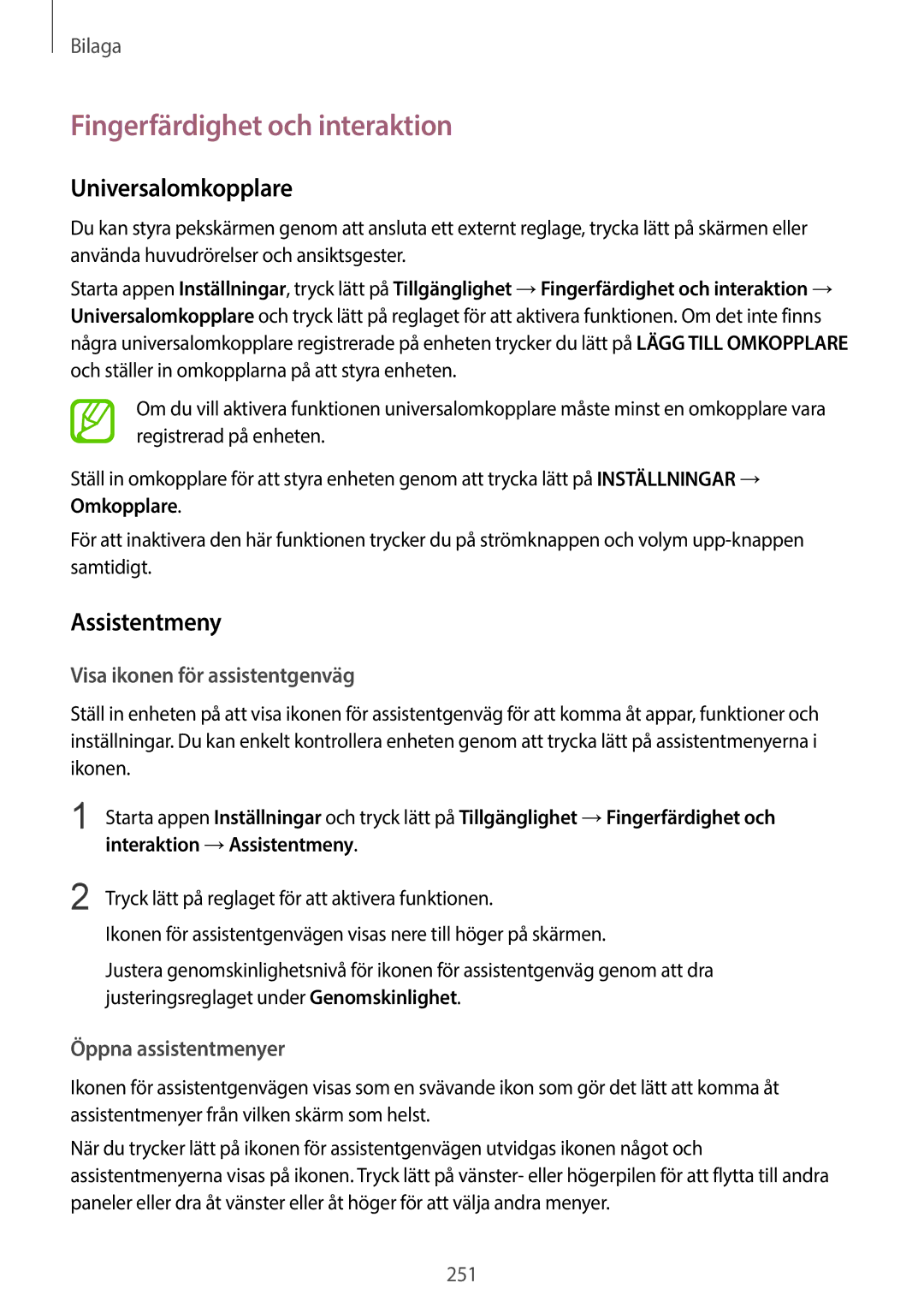 Samsung SM-G965FZPDNEE manual Fingerfärdighet och interaktion, Universalomkopplare, Assistentmeny, Öppna assistentmenyer 