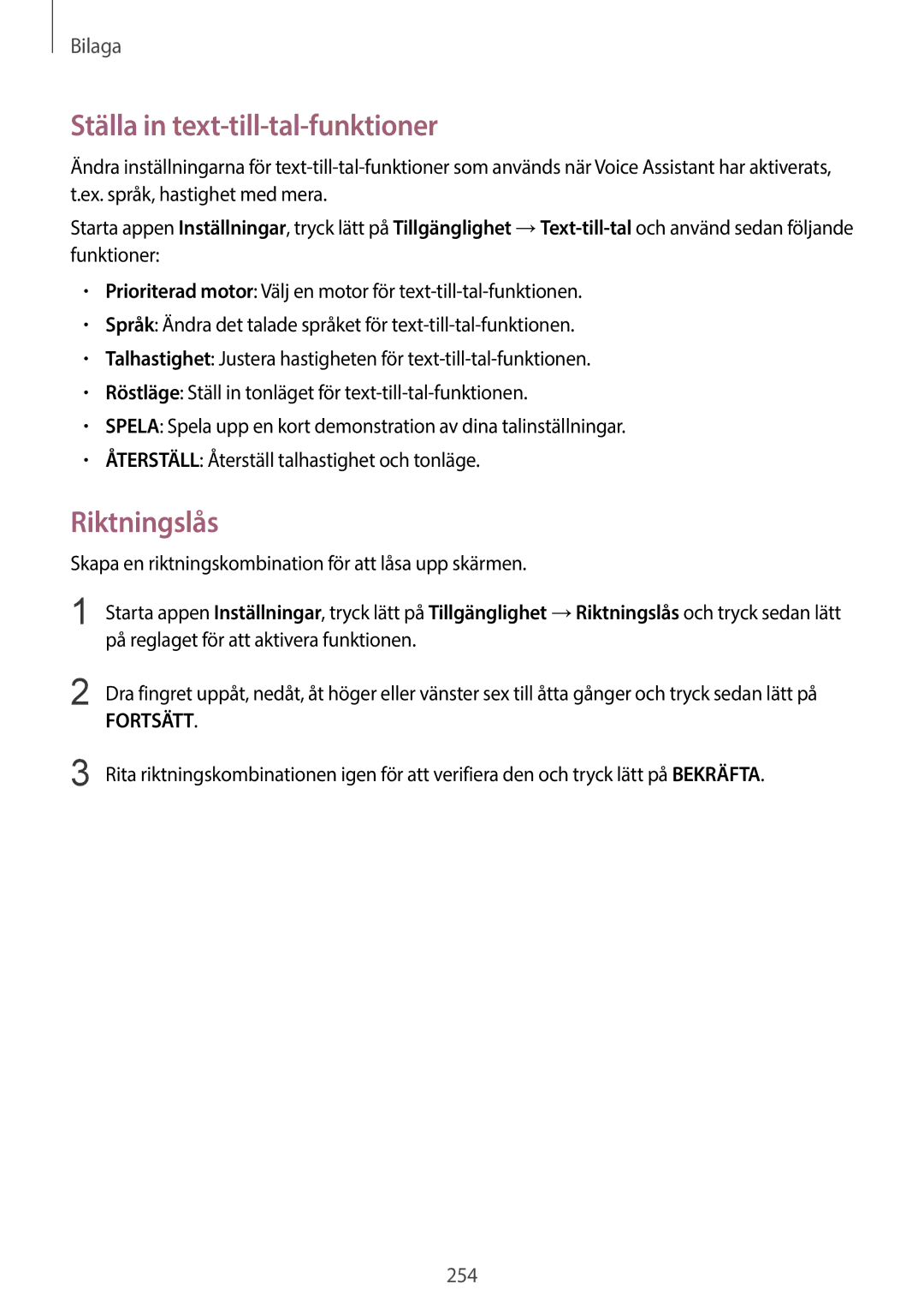 Samsung SM-G960FZPDNEE manual Ställa in text-till-tal-funktioner, Riktningslås, På reglaget för att aktivera funktionen 